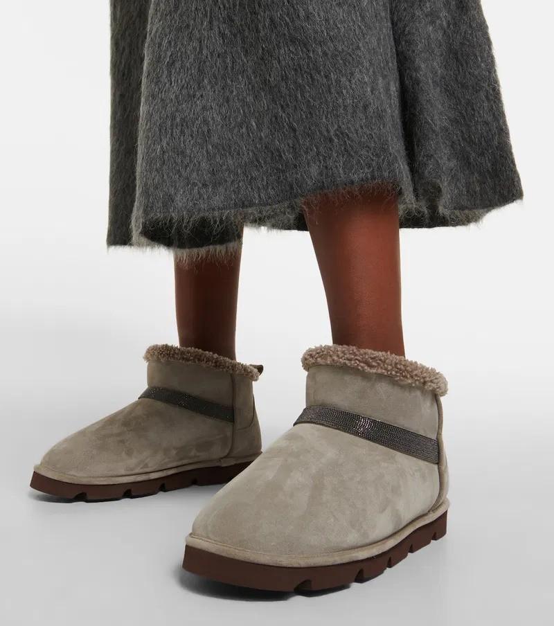BRUNELLO CUCINELLI taupe suede 2023 MONILI STRAP SHEARLING LINED Boots Shoes 38 For Sale 3