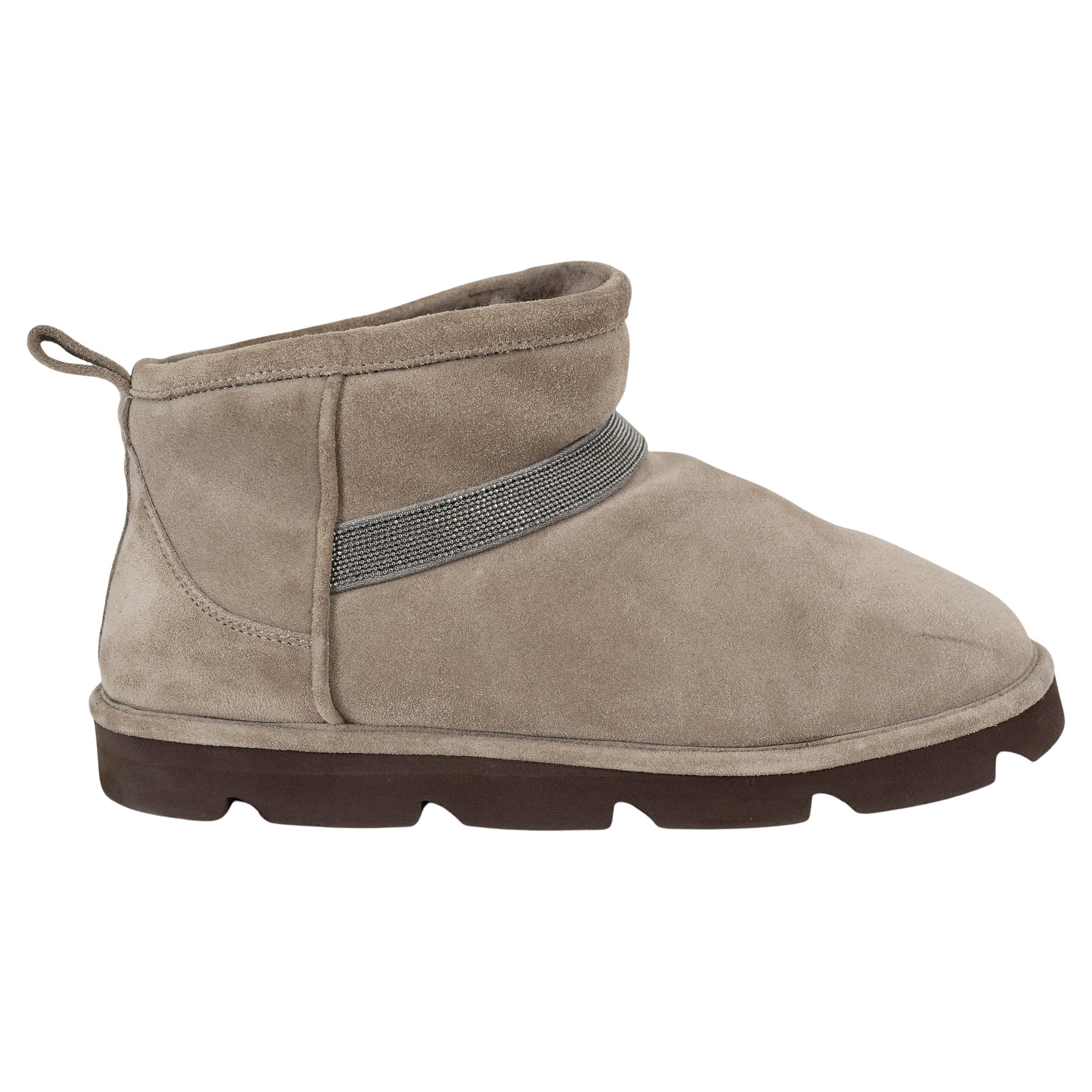BRUNELLO CUCINELLI taupe suede 2023 MONILI STRAP SHEARLING LINED Boots Shoes 38 For Sale