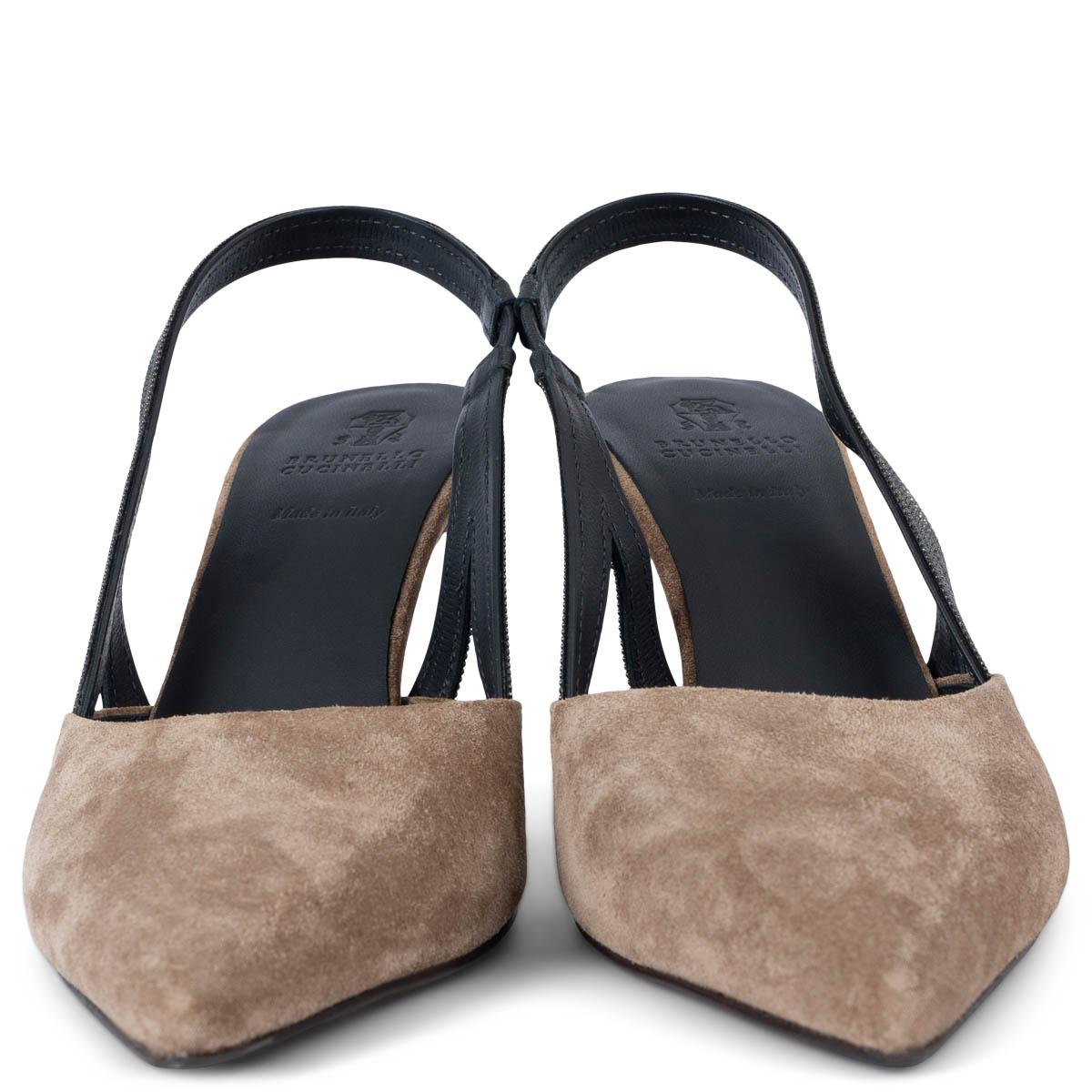 100% authentic Brunello Cucinelli pointed-toe pumps in kid taupe suede with Monili trim anchored by a sleek stiletto heel. Monili-embellished slingback strap. Brand new. 

Measurements
Imprinted Size	38
Shoe Size	38
Inside Sole	25cm