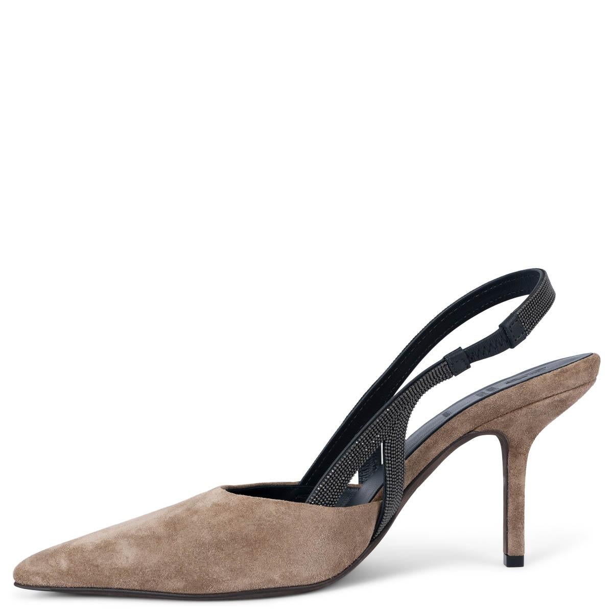 BRUNELLO CUCINELLI taupe suede MONILI Slingbacks Pumps Shoes 38 In New Condition For Sale In Zürich, CH
