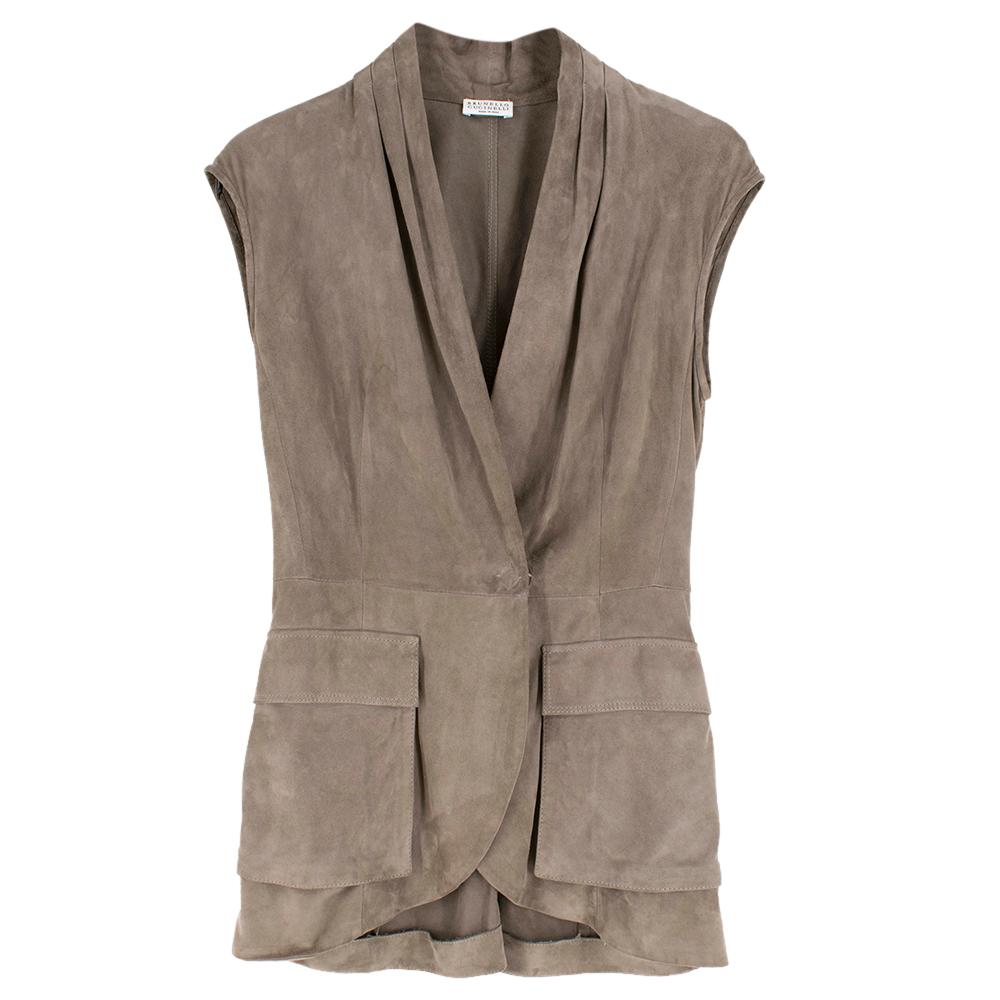 Brunello Cucinelli taupe suede sleeveless jacket - Size US 4 In Excellent Condition For Sale In London, GB