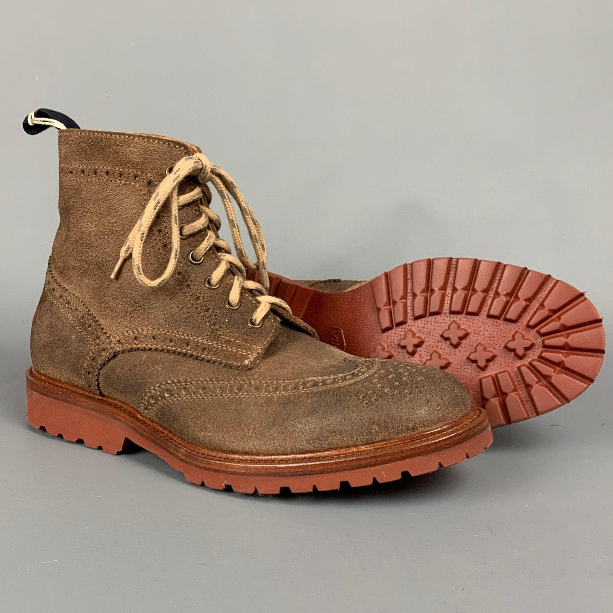 BRUNELLO CUCINELLI Vitello Größe 7 Brown Perforated Suede Wingtip Ankle Boots im Zustand „Gut“ im Angebot in San Francisco, CA