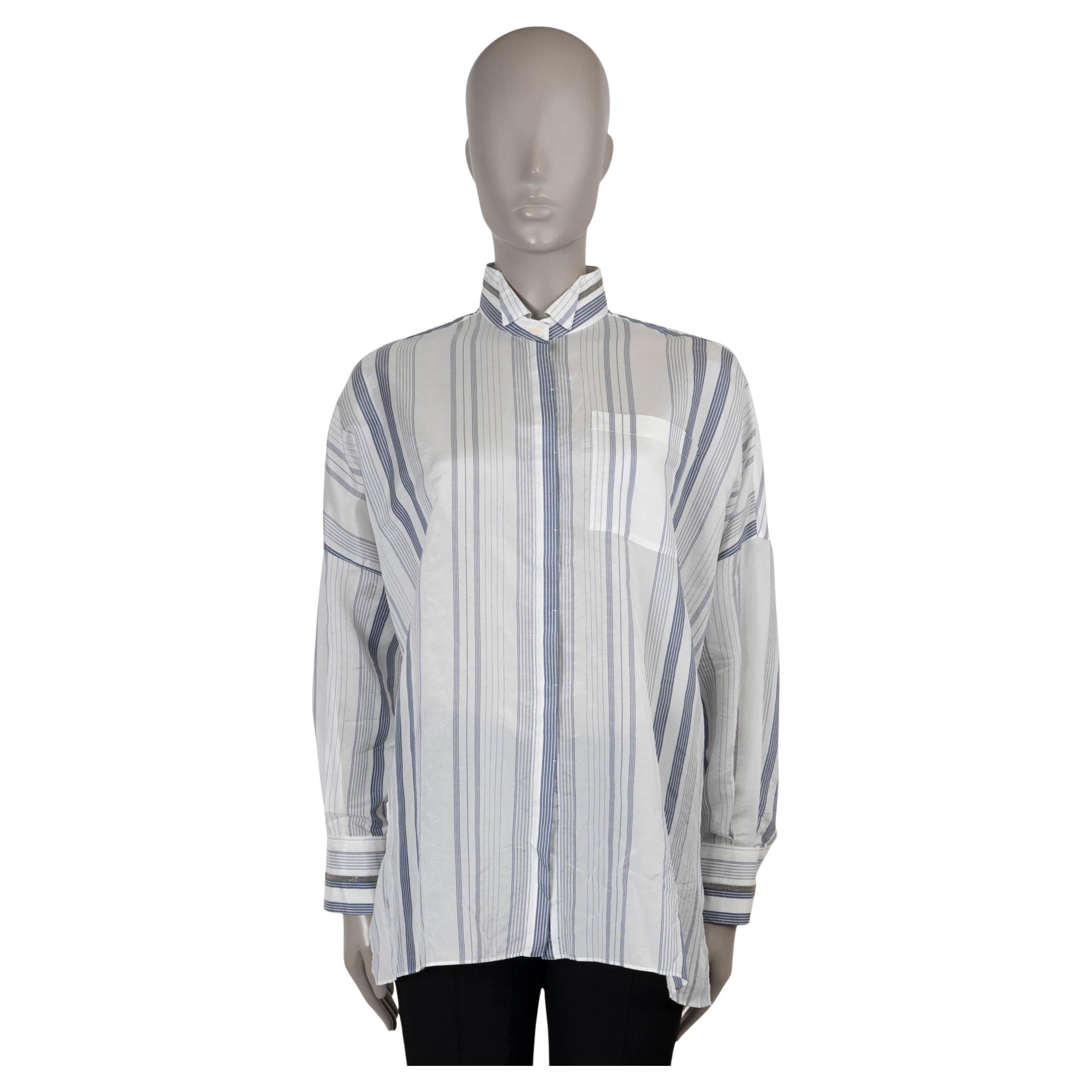 BRUNELLO CUCINELLI white blue silk 2020 MONILI TRIM STRIPED Shirt S