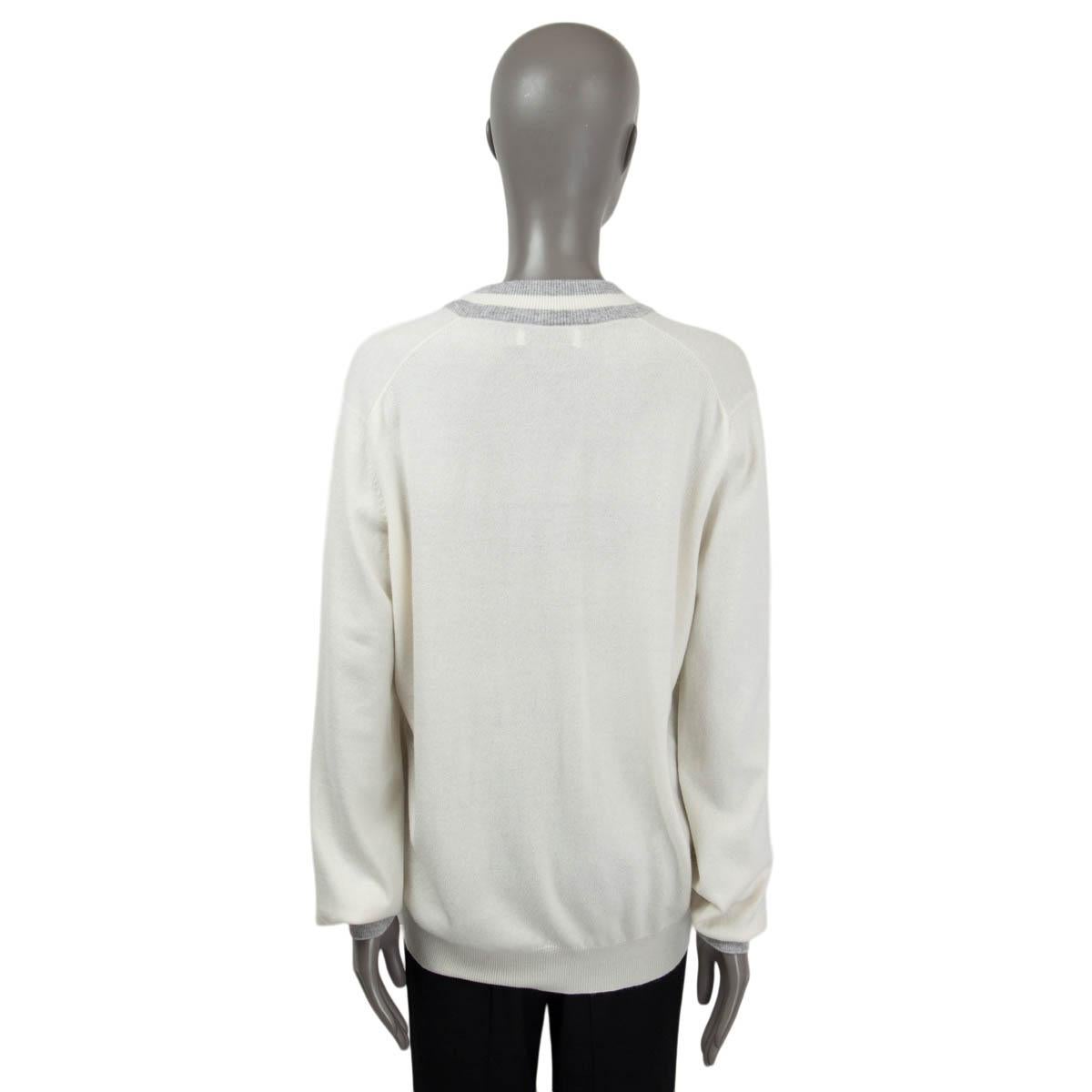 Gray BRUNELLO CUCINELLI white cashmere STRIPED V-NECK Sweater L For Sale
