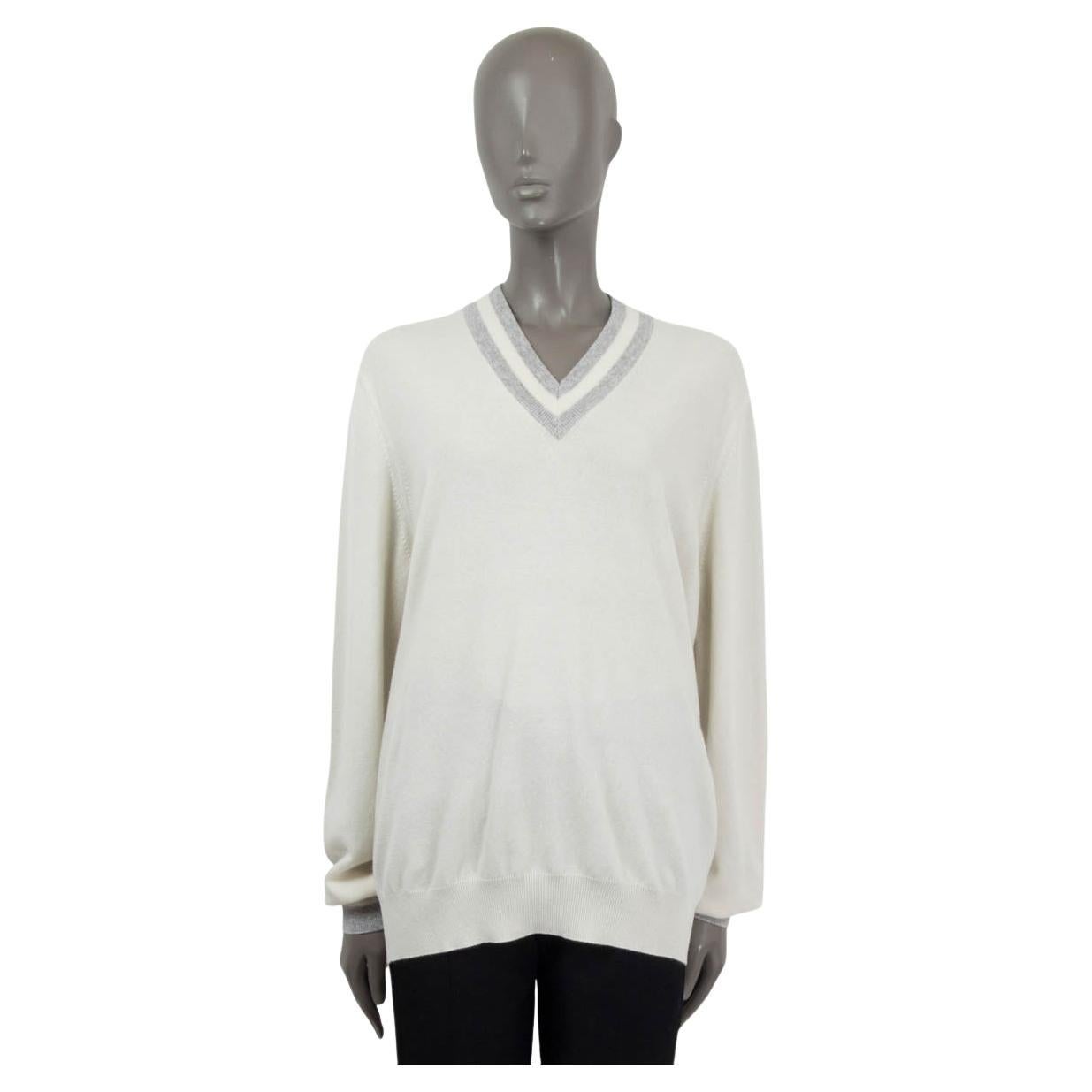 BRUNELLO CUCINELLI white cashmere STRIPED V-NECK Sweater L