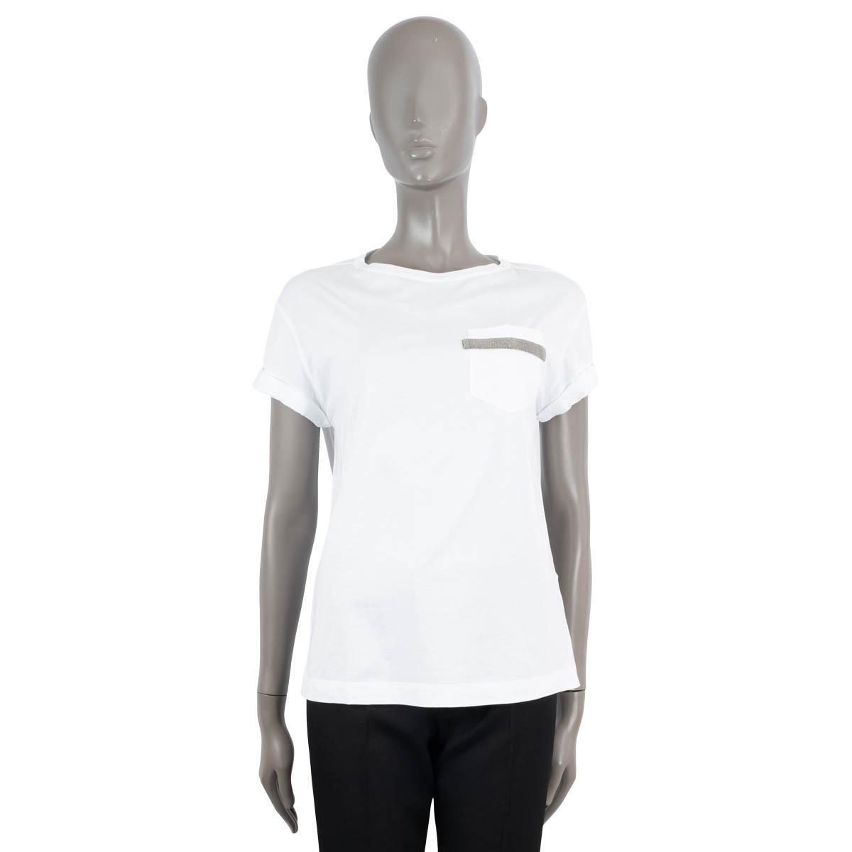 Gray BRUNELLO CUCINELLI white cotton  MONILI STRIPE POCKET T-Shirt Shirt S For Sale