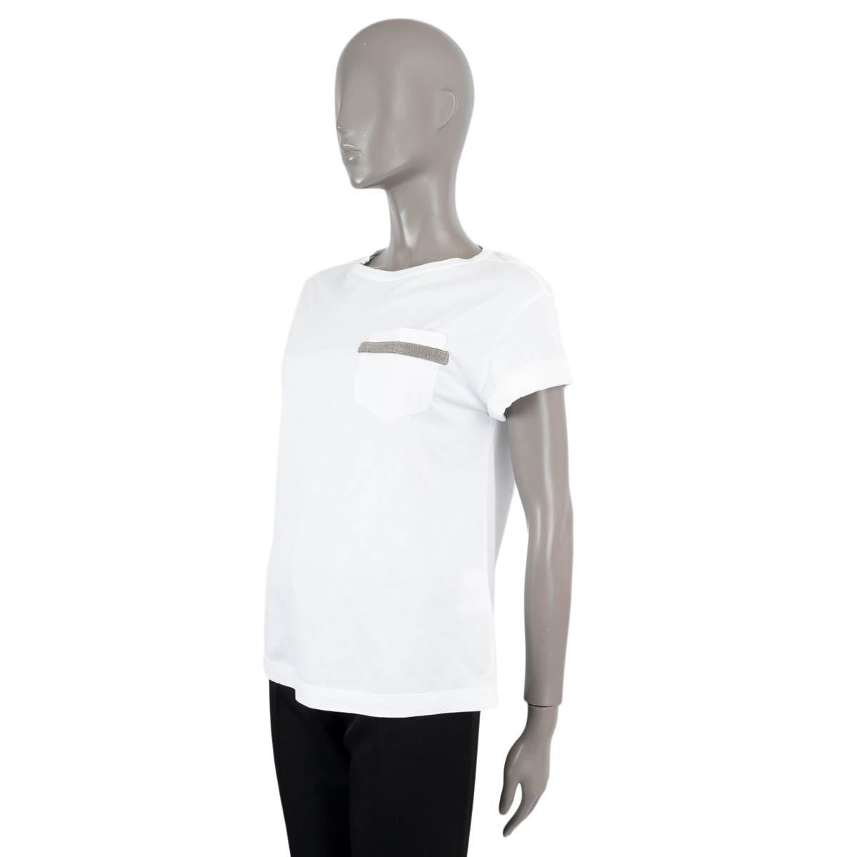 BRUNELLO CUCINELLI white cotton  MONILI STRIPE POCKET T-Shirt Shirt S In Excellent Condition For Sale In Zürich, CH