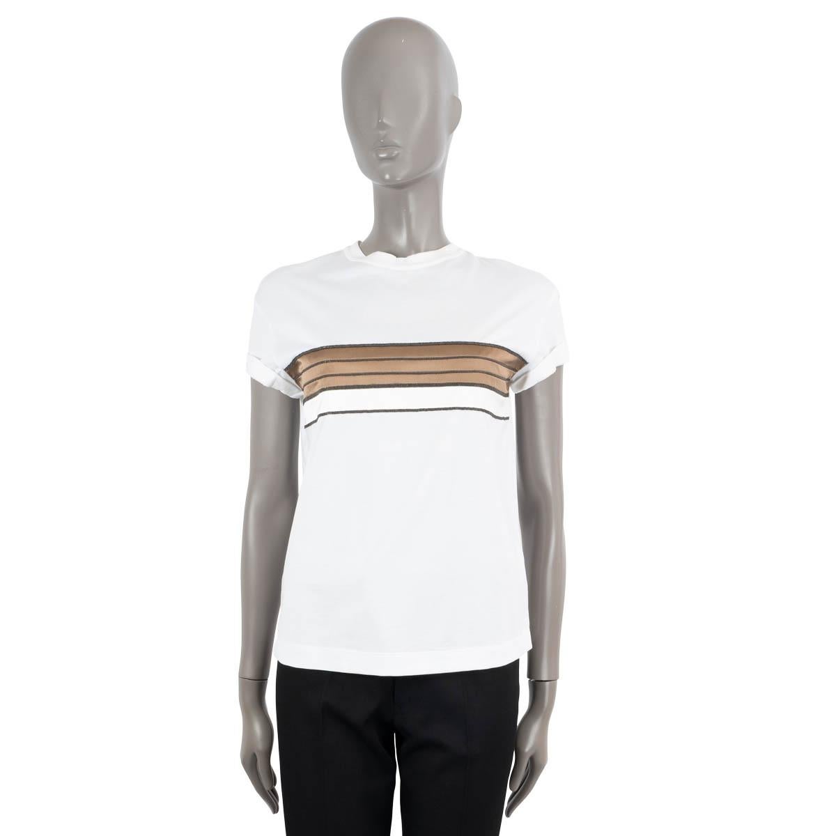 Gray BRUNELLO CUCINELLI white cotton SATIN & MONILI STRIPE T-Shirt Shirt XS For Sale
