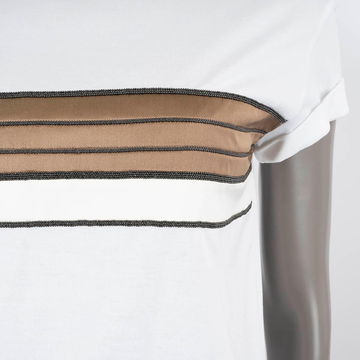 BRUNELLO CUCINELLI white cotton SATIN & MONILI STRIPE T-Shirt Shirt XS For Sale 1