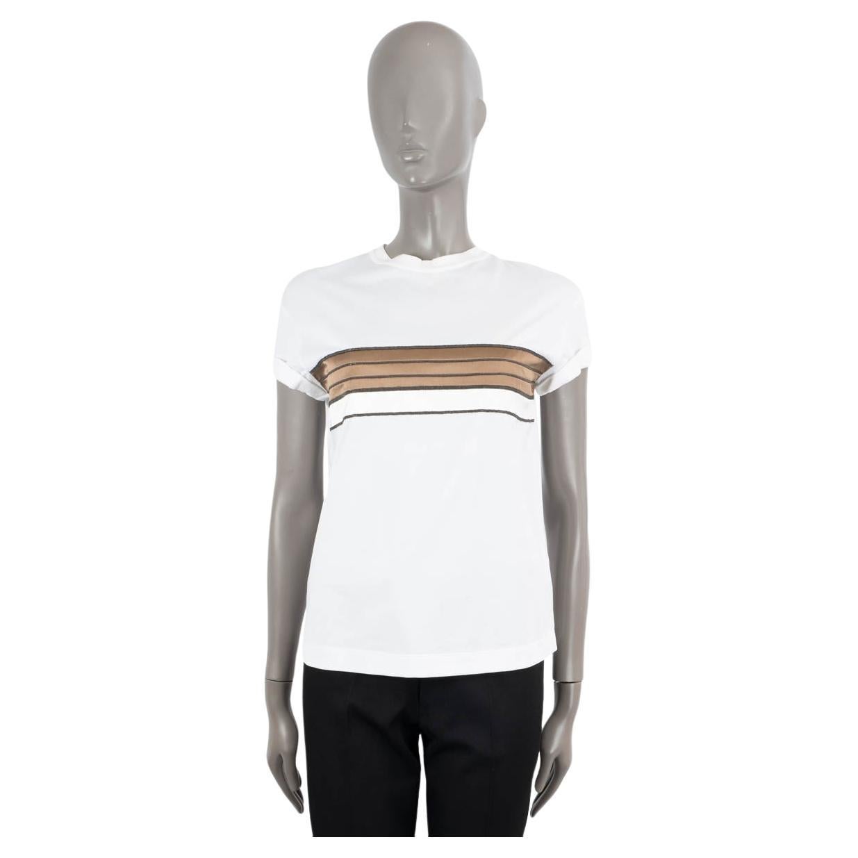 Brunello Cucinelli White Cotton Satin & Monili Stripe T-Shirt Shirt Xs