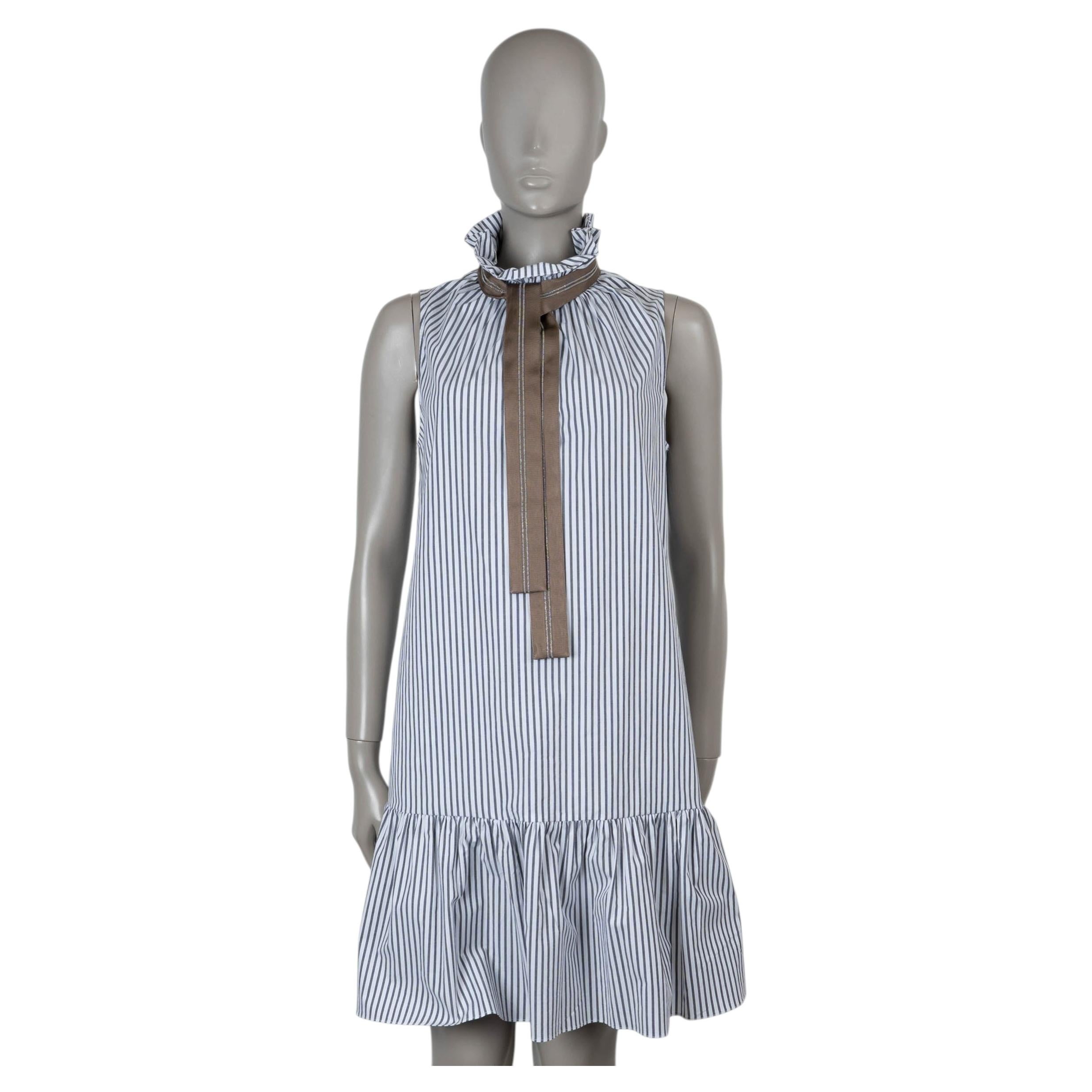 BRUNELLO CUCINELLI white & grey 2018 STRIPED POPLIN MONILI BOW Dress M