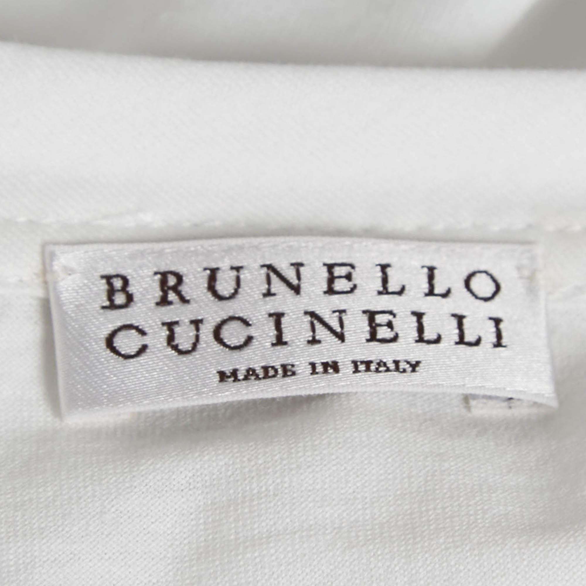 Women's Brunello Cucinelli White Monili Neck Detail Cotton Roll-Up Sleeve T-Shirt M