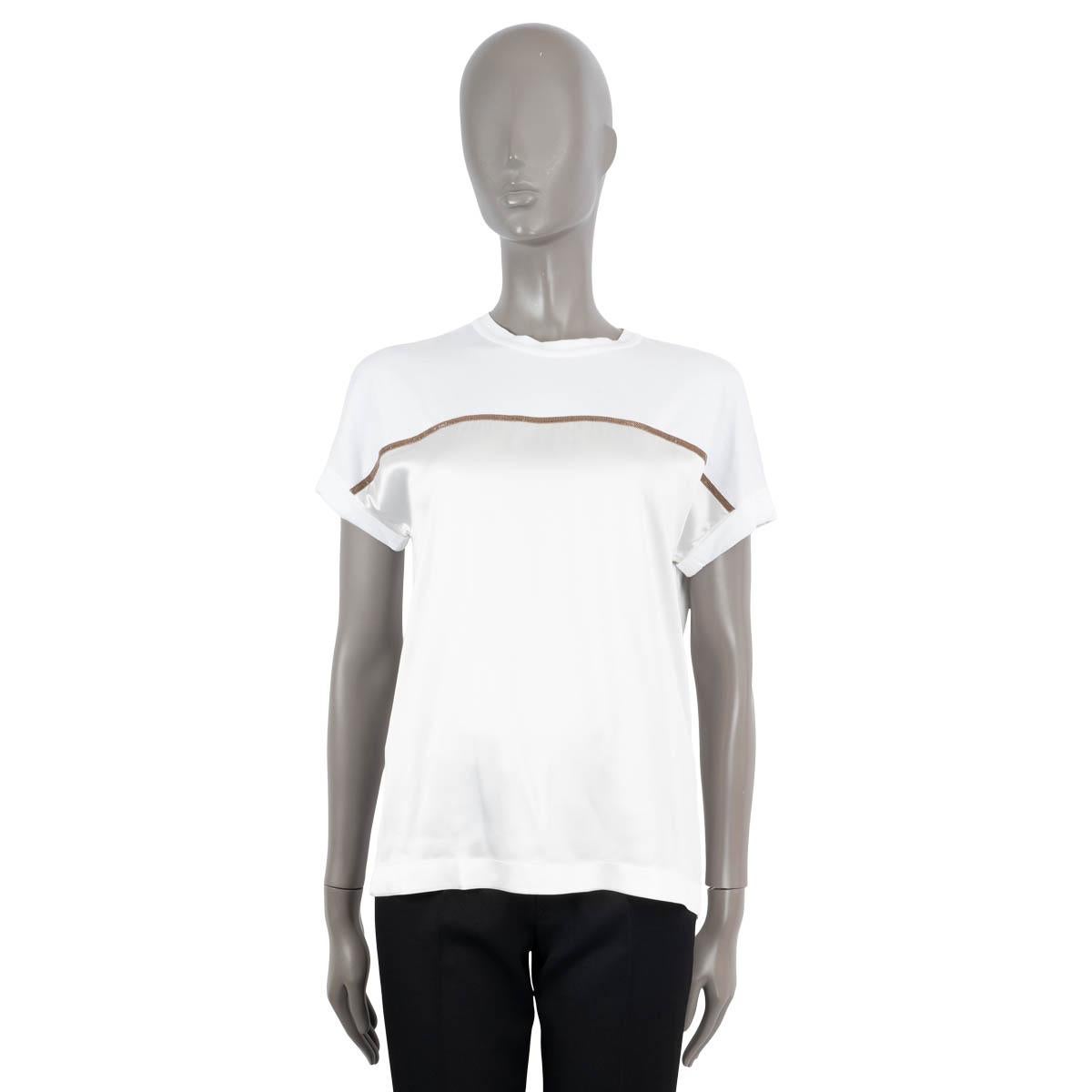 Gris BRUNELLO CUCINELLI T-Shirt blanche MONILI STRIPE SATIN & COTTON S en vente