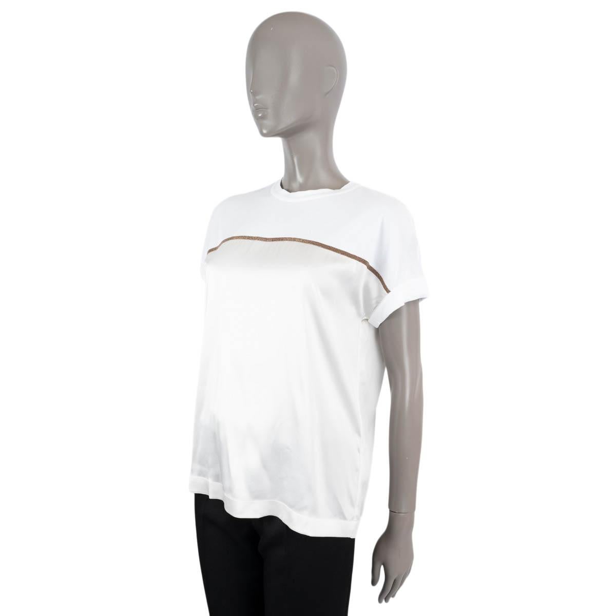 BRUNELLO CUCINELLI white MONILI STRIPE SATIN & COTTON T-Shirt Shirt S In Excellent Condition For Sale In Zürich, CH
