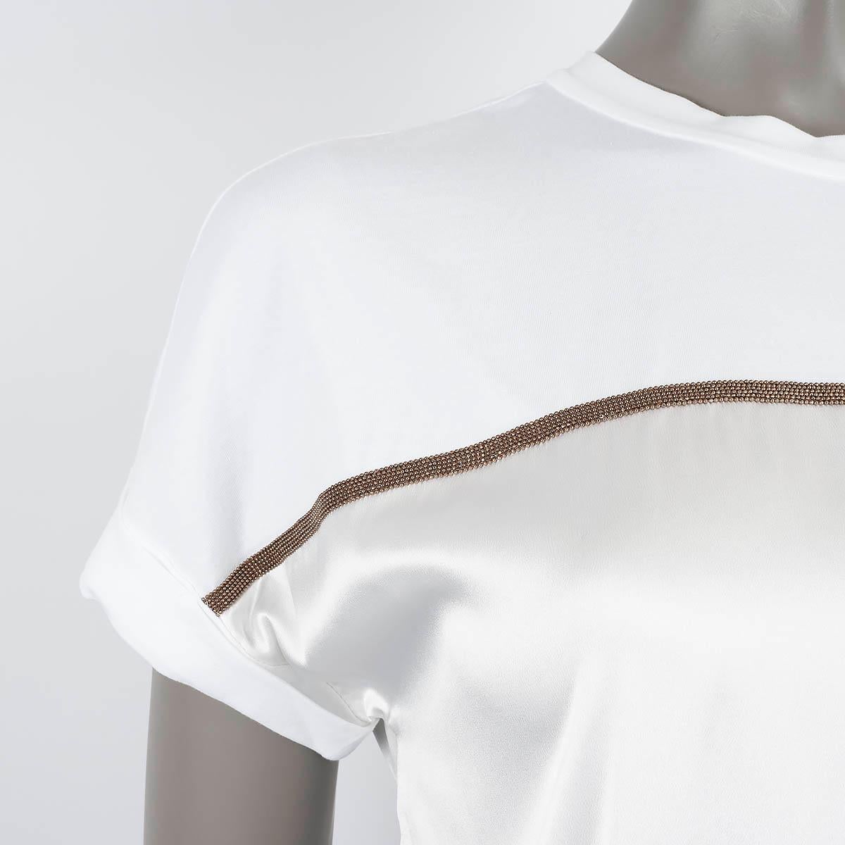 BRUNELLO CUCINELLI T-Shirt blanche MONILI STRIPE SATIN & COTTON S en vente 1