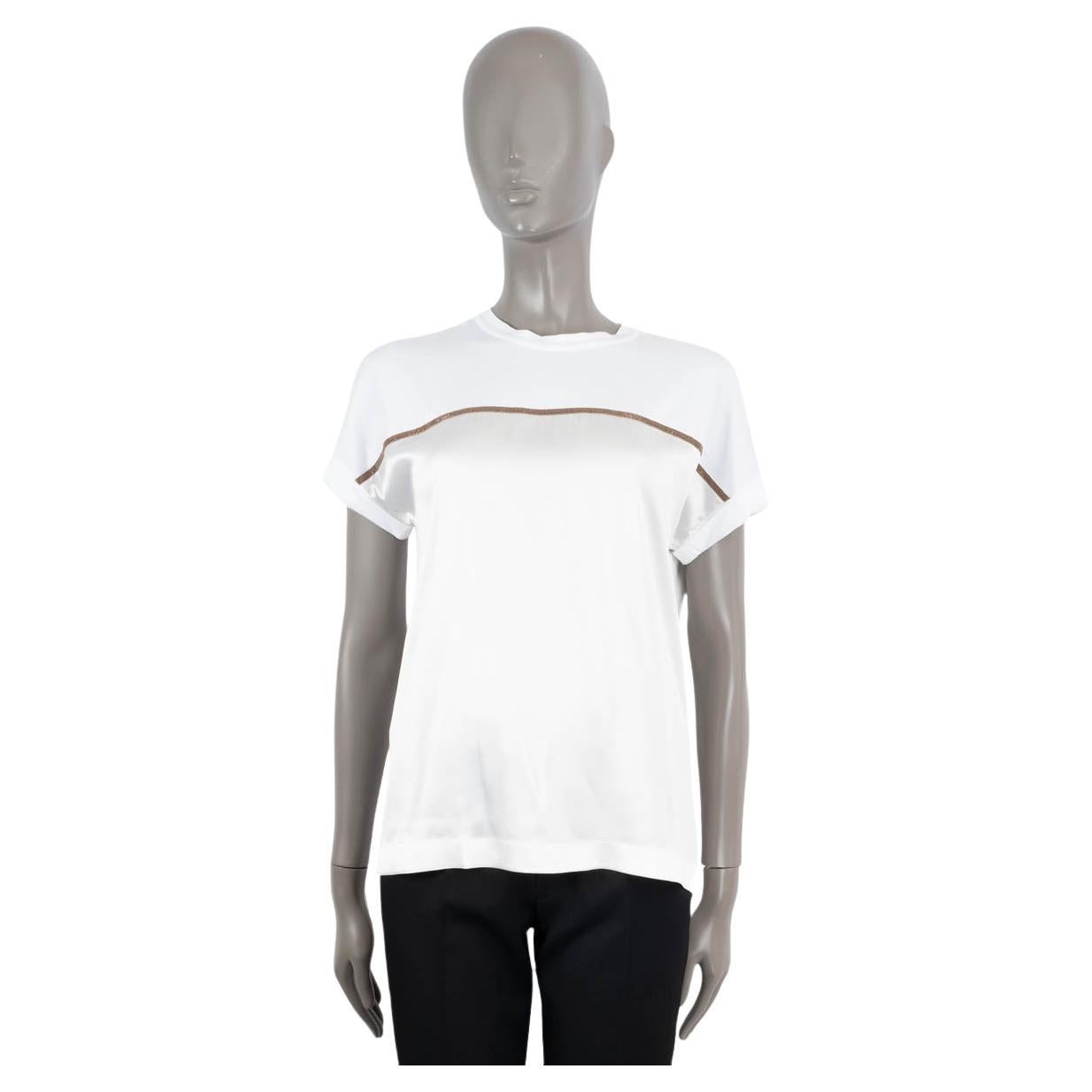 BRUNELLO CUCINELLI T-Shirt blanche MONILI STRIPE SATIN & COTTON S en vente