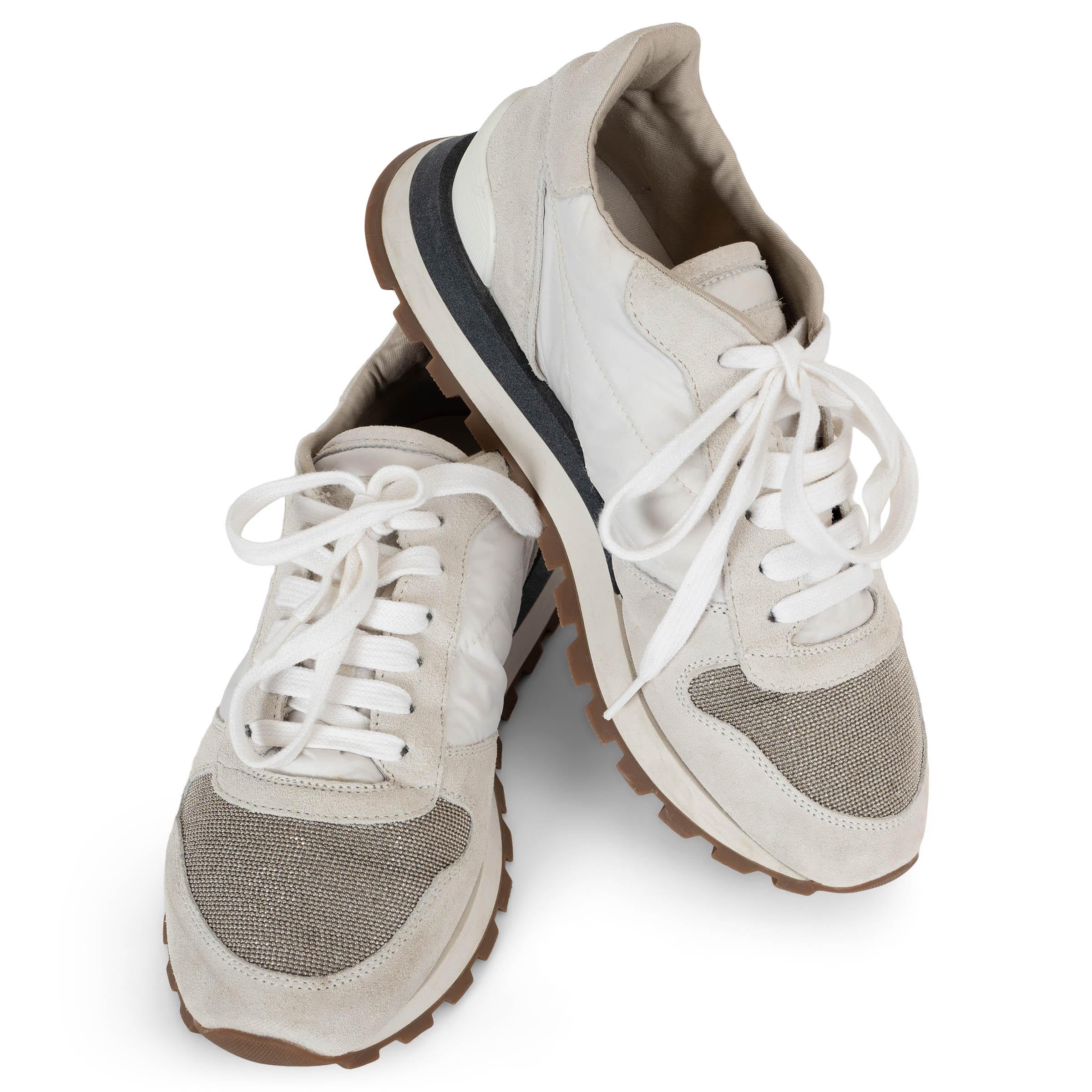 BRUNELLO CUCINELLI Baskets MONILI 2020 en nylon et daim blanc 38 en vente 1