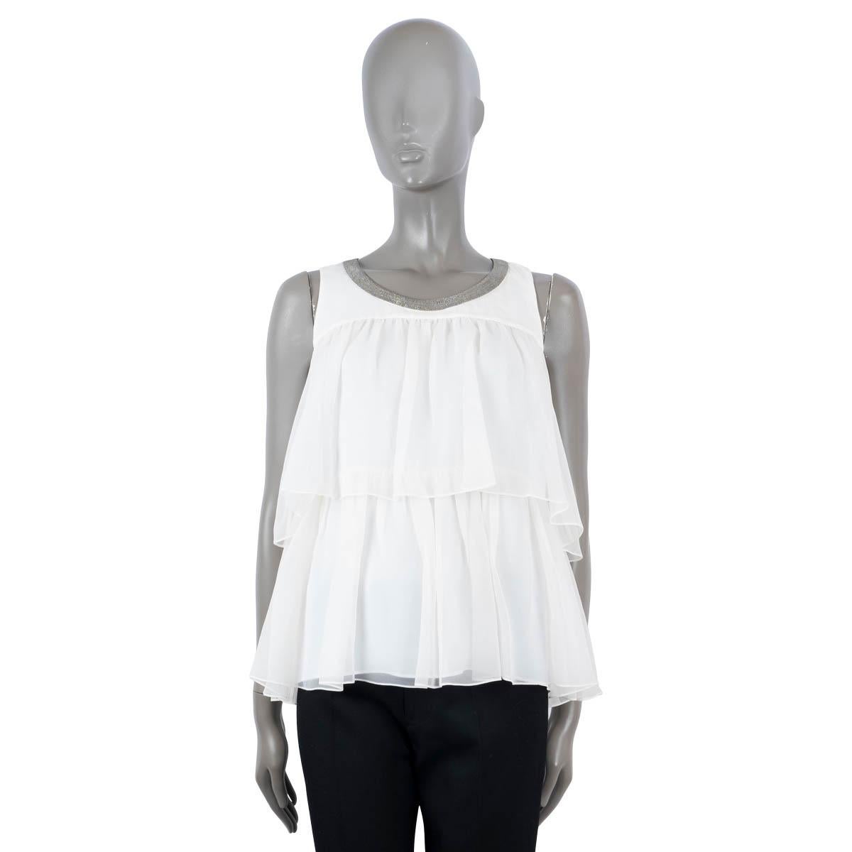 Gray BRUNELLO CUCINELLI white silk 2018 RUFFLED MONILI TRIM Shirt S For Sale
