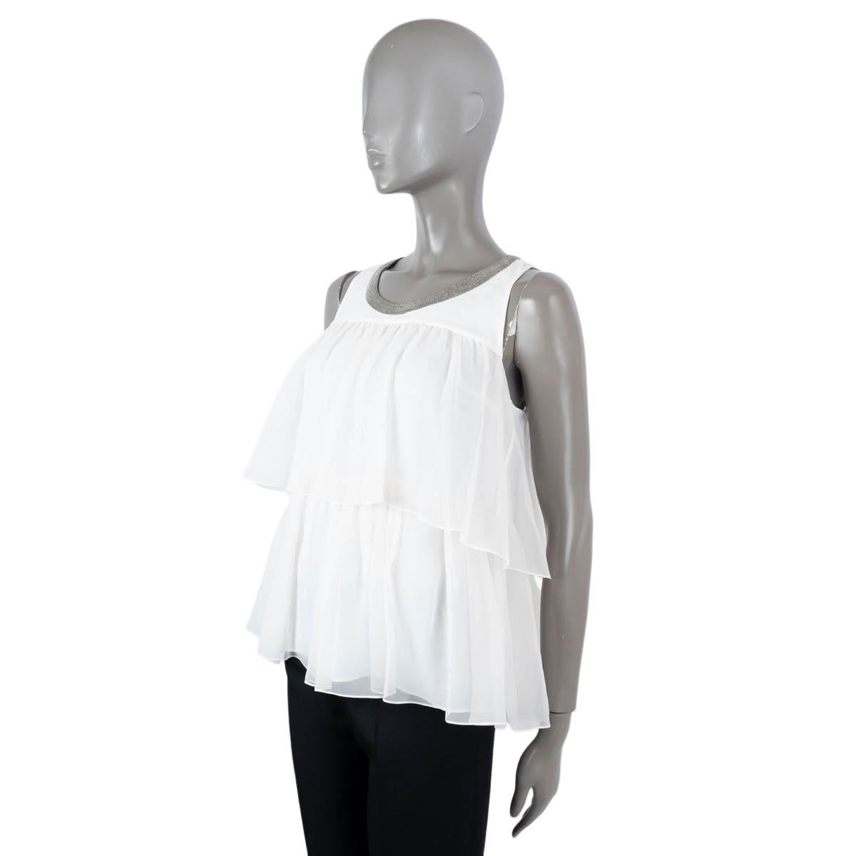 BRUNELLO CUCINELLI white silk 2018 RUFFLED MONILI TRIM Shirt S In Excellent Condition For Sale In Zürich, CH