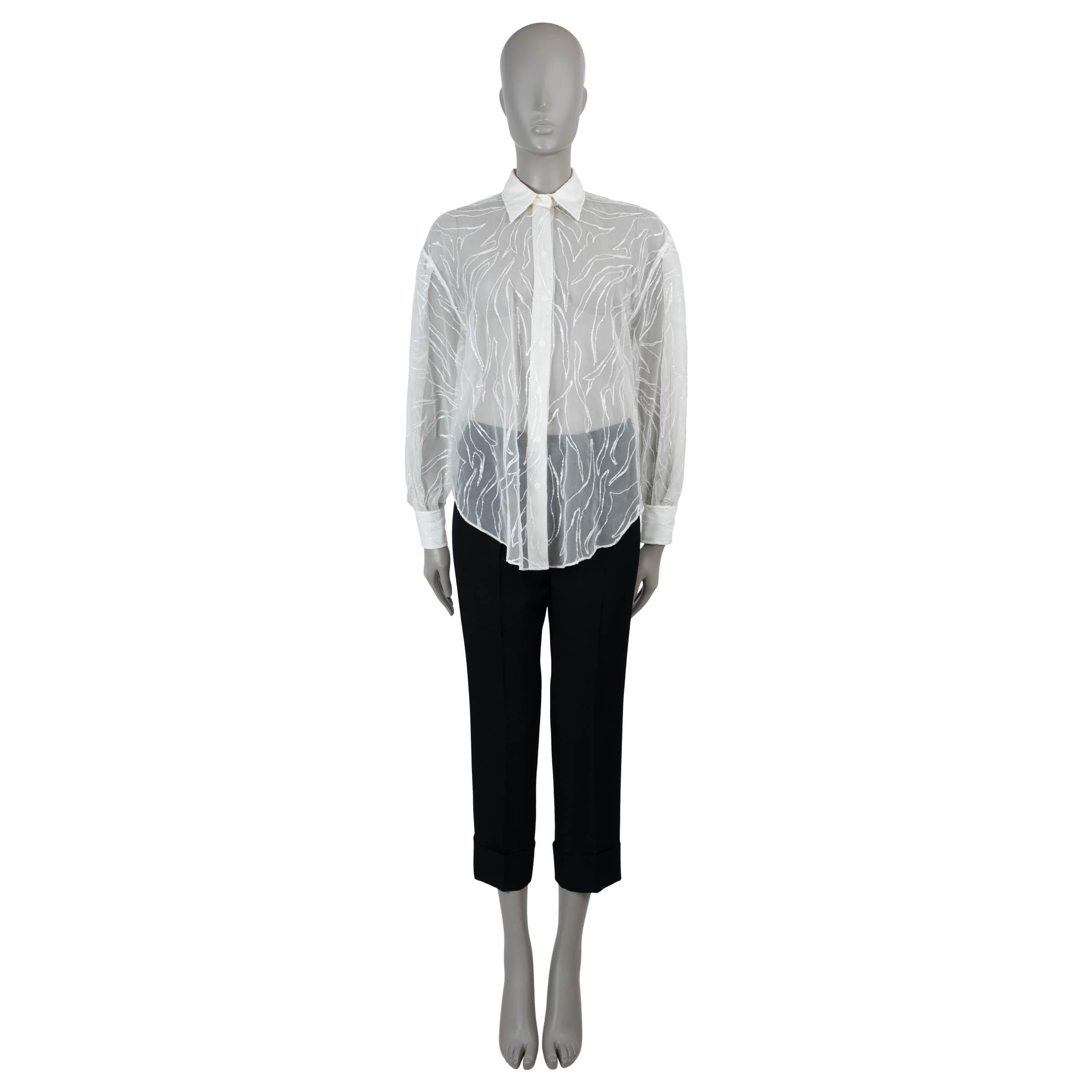 BRUNELLO CUCINELLI white silk 2022 SEQUIN EMBROIDERED SHEER Shirt XS In Excellent Condition In Zürich, CH