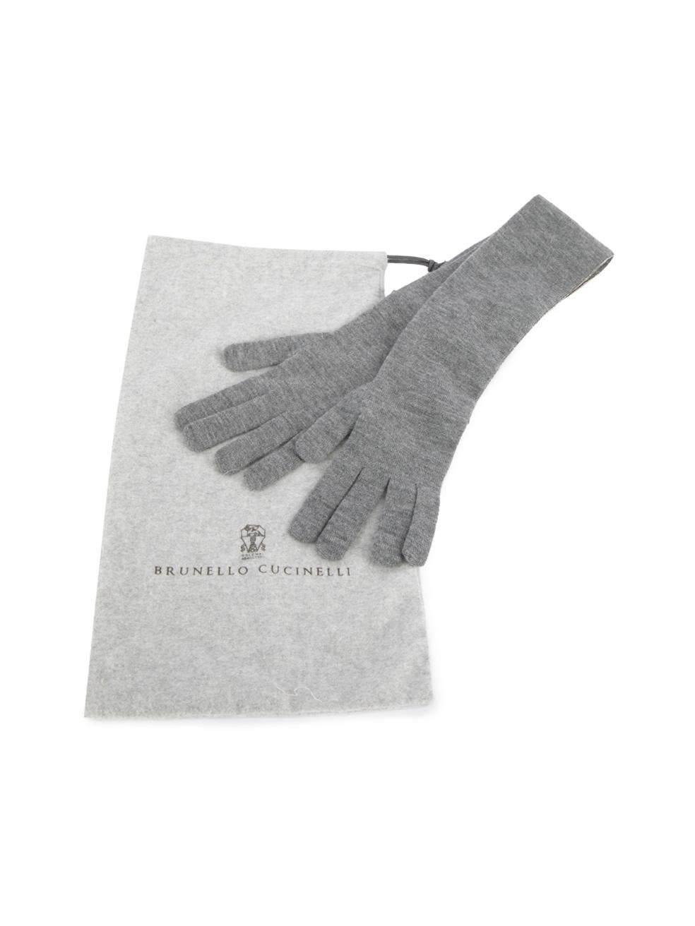 Brunello Cucinelli Women's Grey Monili Accent Long Cashmere Gloves For Sale 1