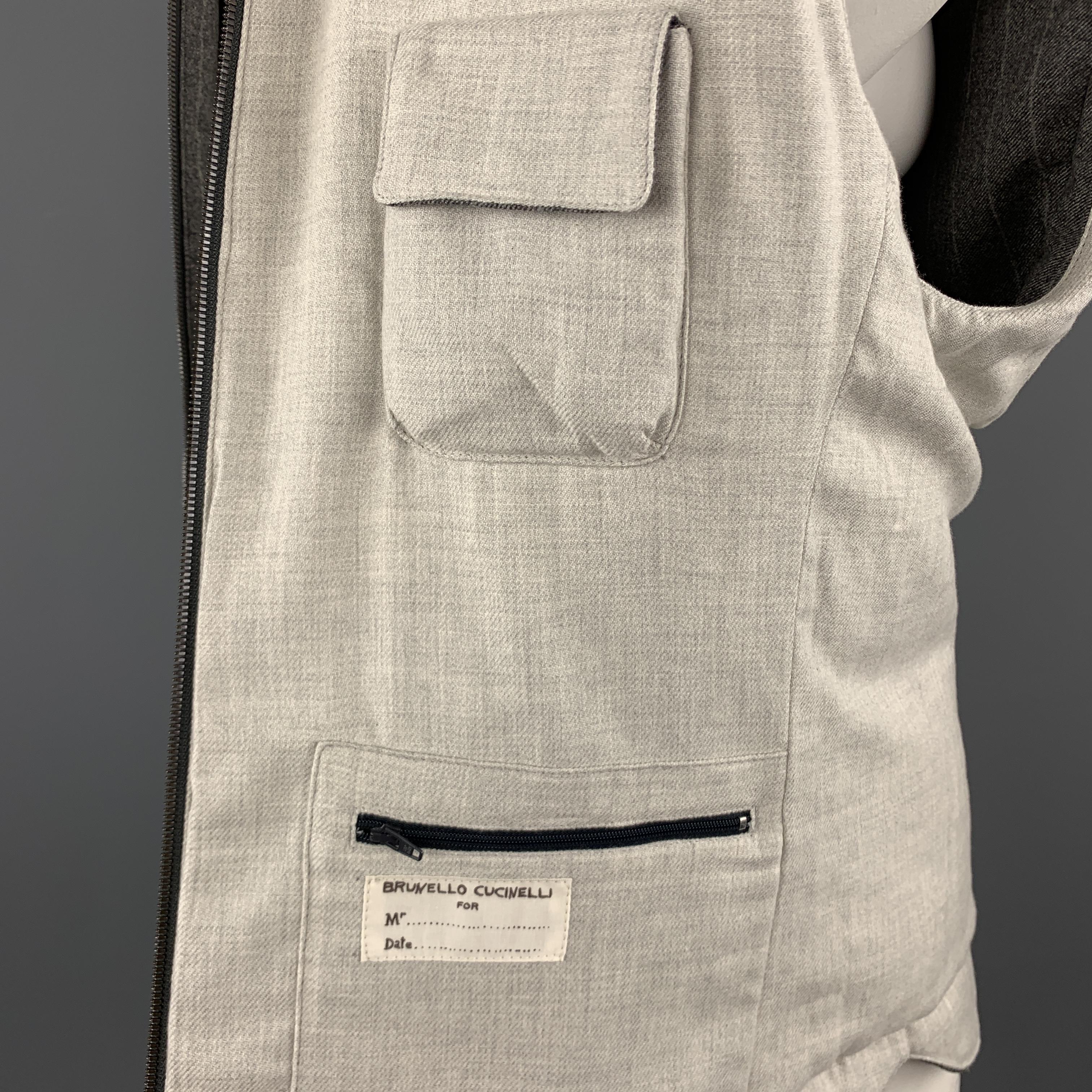 BRUNELLO CUCINELLI XL Grey Chalk Stripe Wool / Cashmere Quilted Vest 1