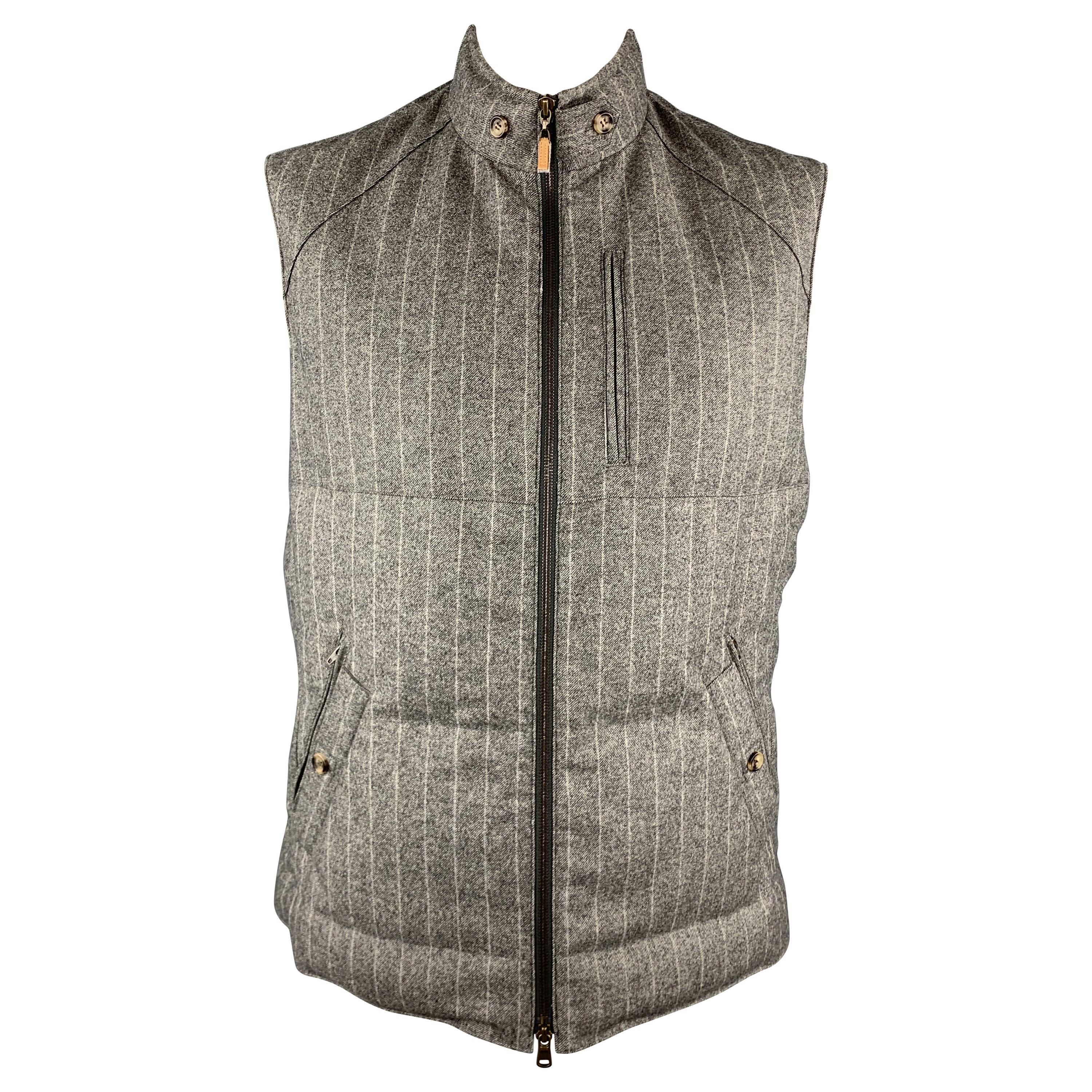BRUNELLO CUCINELLI XL Grey Chalk Stripe Wool / Cashmere Quilted Vest
