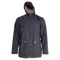 Brunello Cucinelli Zipped Hooded Parka Jacket with Pockets in Navy Blue Polyami