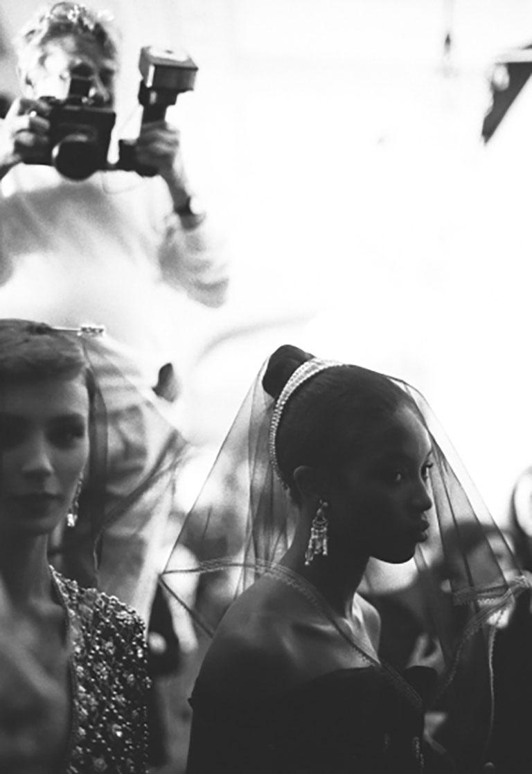 Bruno Bisang Black and White Photograph - Helmut Newton shooting Naomi Campbell at Dior