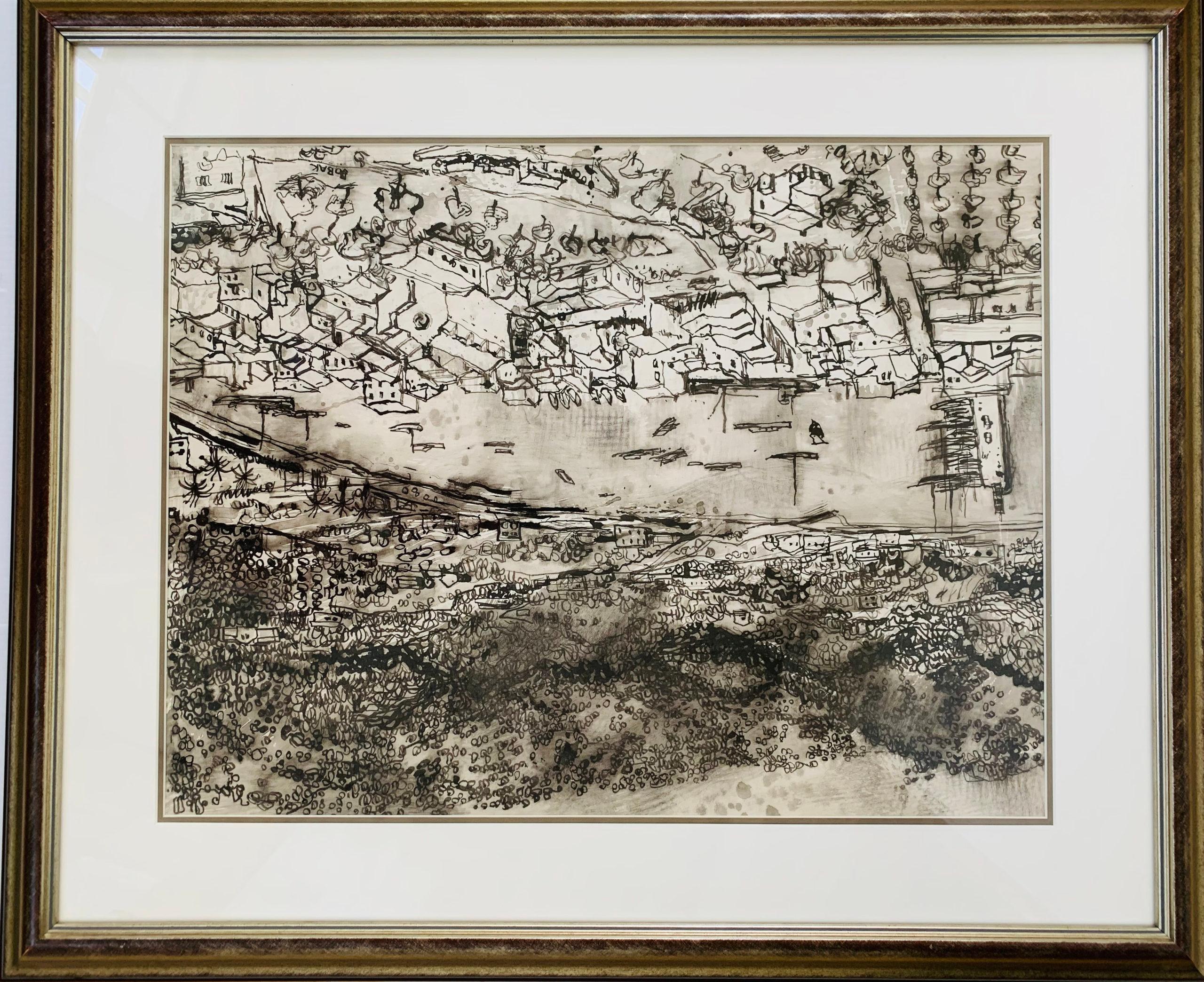 Bruno Bobak, Kanadier, 1928-2004
conté auf Papier, 1976
ANDRATX (MAJORCA, SPANIEN)
Holzkohle und Tusche laviert
18 x 24 Zoll
Signiert unten rechts
gerahmt

Bruno Bobak wurde 1923 in Wawelowska, Polen, geboren und kam 1927 nach Kanada. Im Alter von