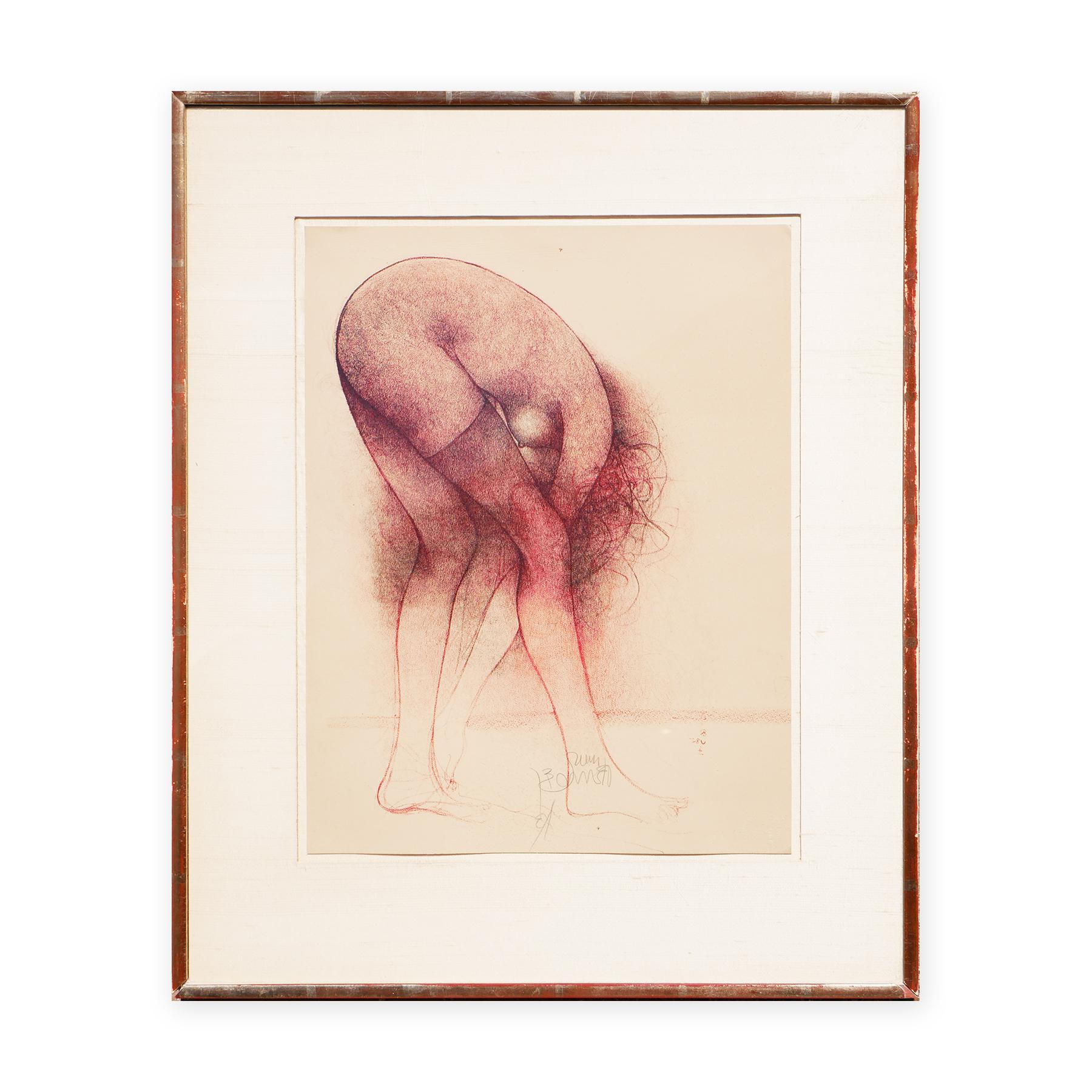 Modern Abstract Red & Purple Toned Figurative Lithograph of Nude Changing Woman - Print by Bruno Bruni