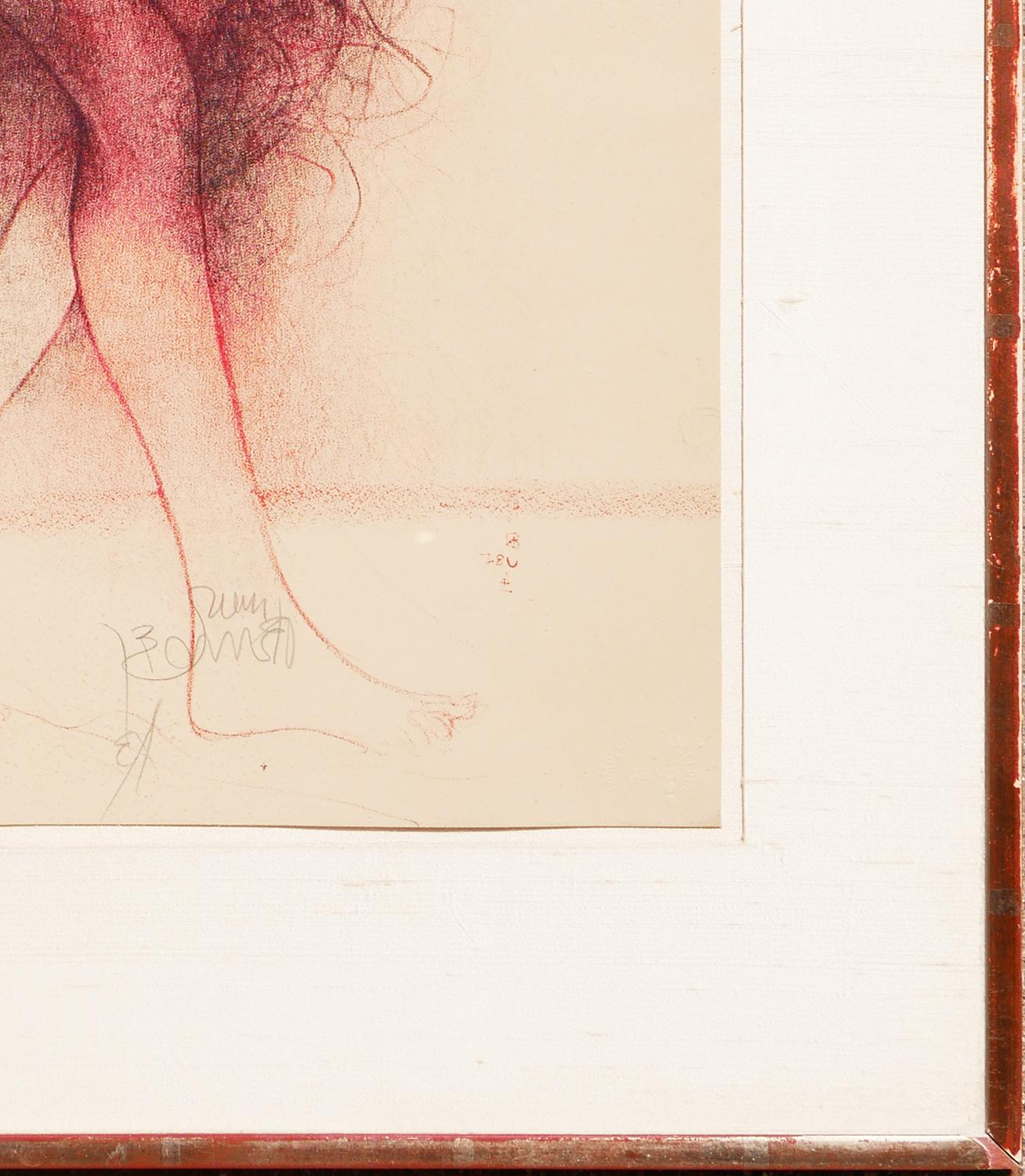 Modern Abstract Red & Purple Toned Figurative Lithograph of Nude Changing Woman - White Nude Print by Bruno Bruni