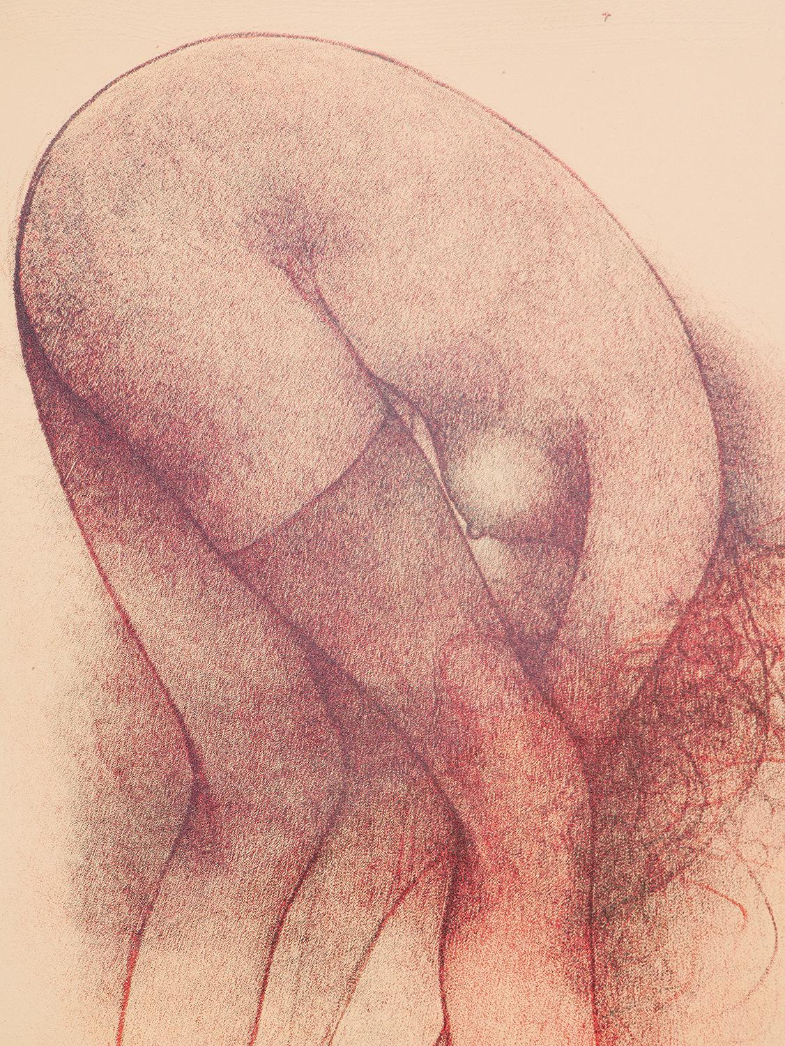 Modern abstract red and purple toned offset lithograph of a female figure by Italian artist Bruno Bruni. The work features a loosely rendered nude woman bent over in the process of changing her stockings. Signed by the artist in the front lower