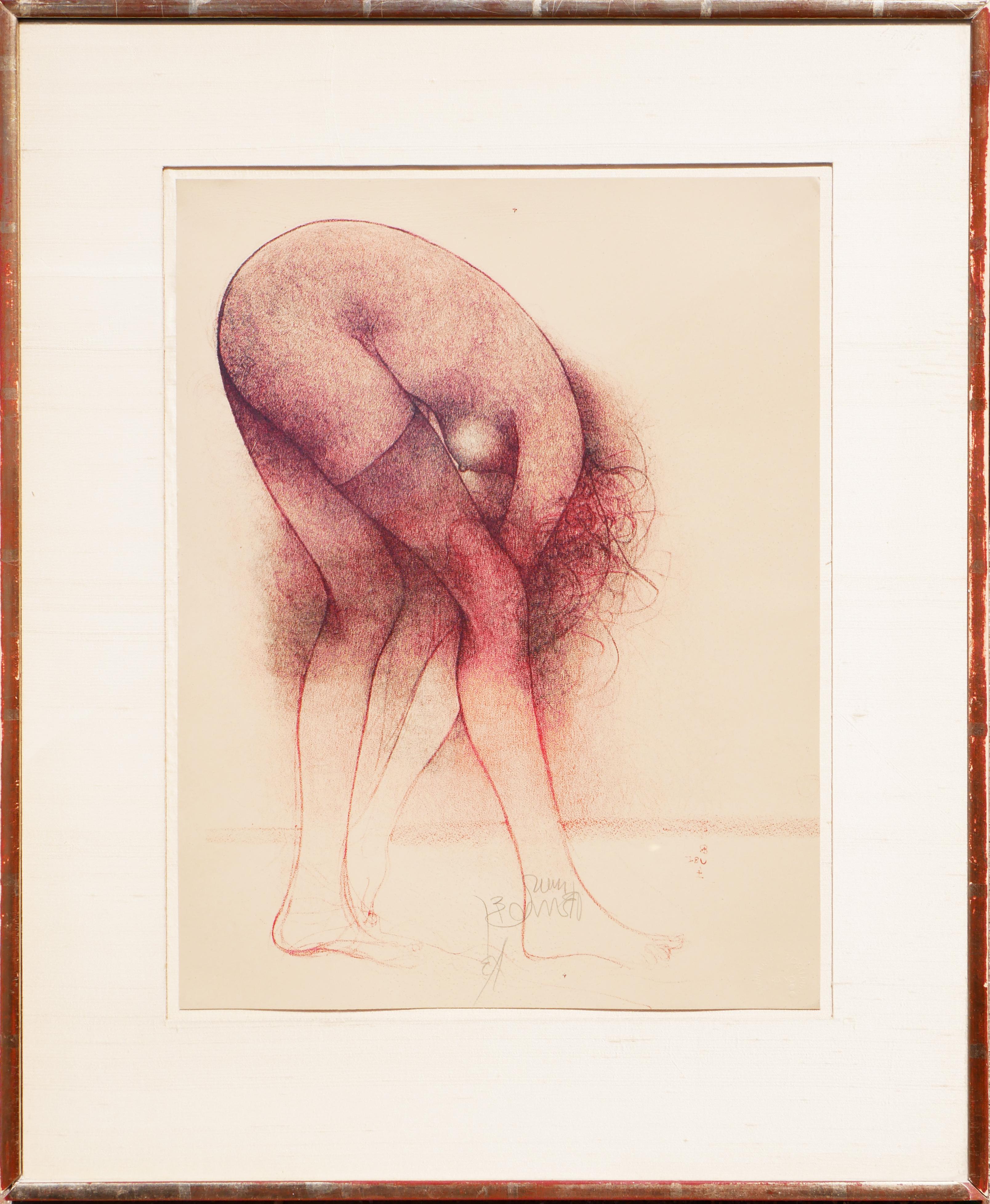 Bruno Bruni Nude Print - Modern Abstract Red & Purple Toned Figurative Lithograph of Nude Changing Woman