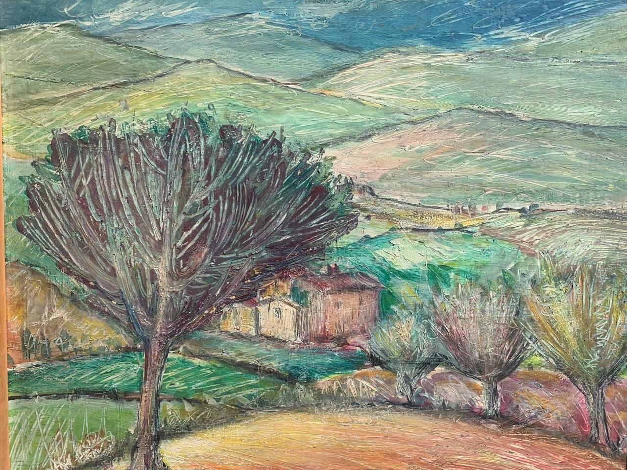 Paysage toscan près de Sienne avec un arbre au bord de la terre et des Rolling Hills, 1970 - Impressionnisme Painting par Bruno Buracchini