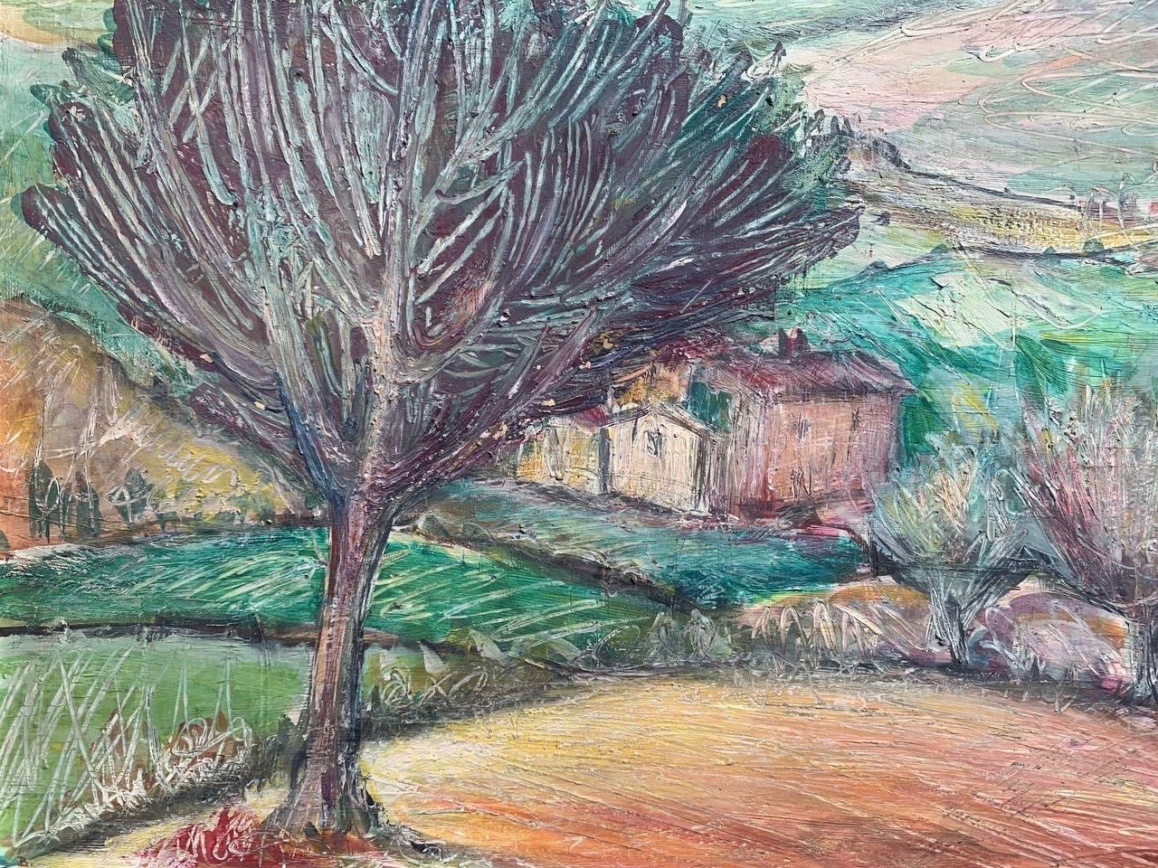 Paysage toscan près de Sienne avec un arbre au bord de la terre et des Rolling Hills, 1970 - Marron Landscape Painting par Bruno Buracchini