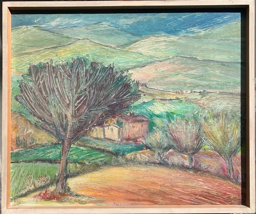 Paesaggio toscano vicino a Siena con albero in primo piano e Rolle. 1970