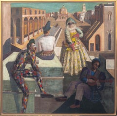 Grande dipinto surrealista italiano del 1935, 'Commedia dell'arte' di Bruno Capacci