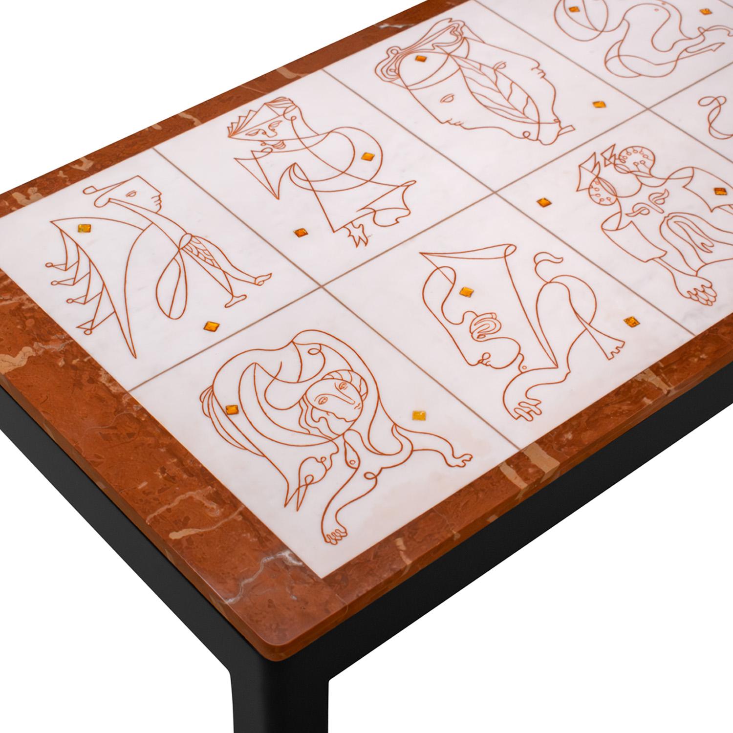 Bruno Capacci Einzigartiger Couchtisch mit surrealistischen Figuren 1950er Jahre (signiert) (Handgefertigt) im Angebot