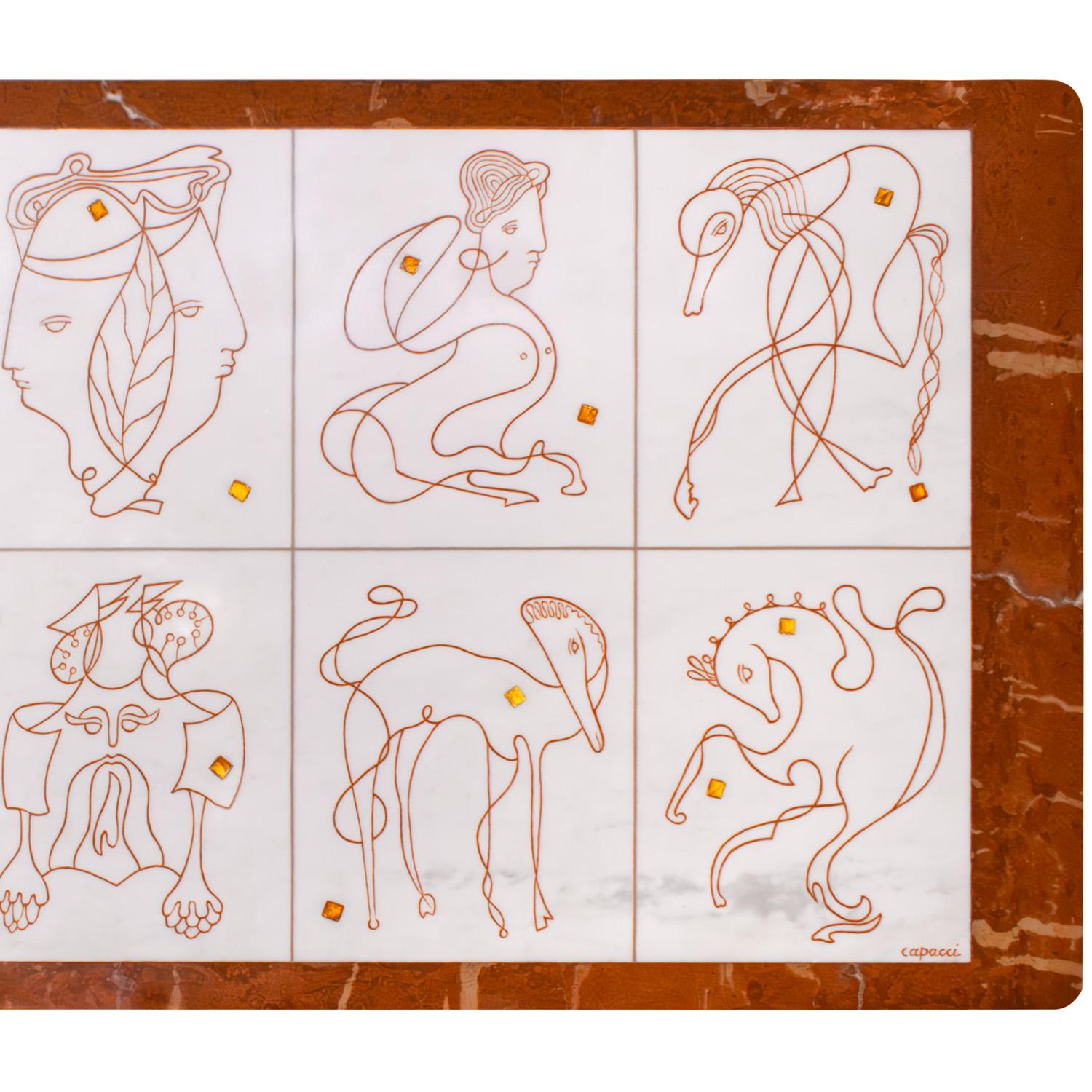 Bruno Capacci Einzigartiger Couchtisch mit surrealistischen Figuren 1950er Jahre (signiert) (Mitte des 20. Jahrhunderts) im Angebot