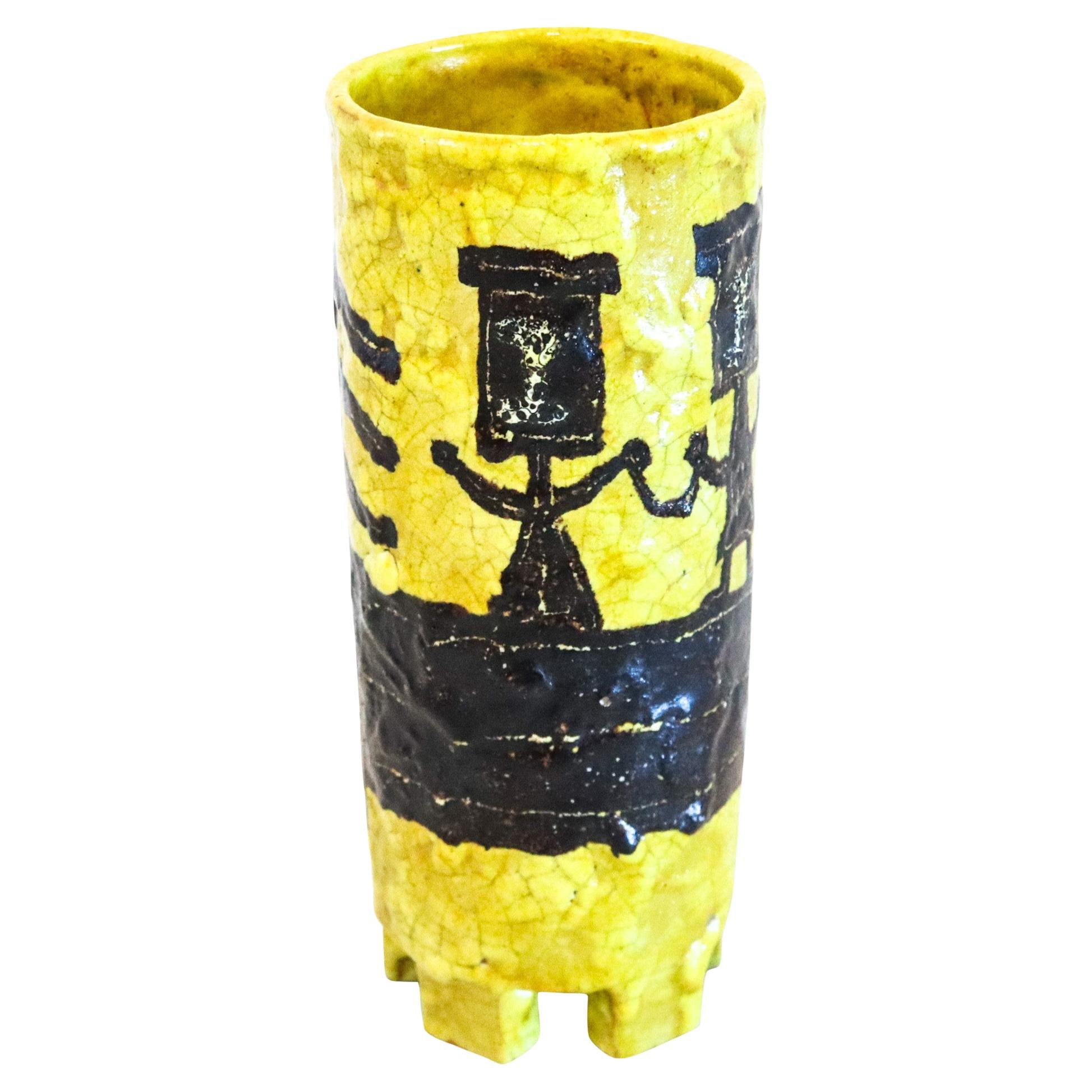 BRUNO CAPPACI 1965 Italian Arno Ceramiche Vase In Black & Yellow Glazed For Sale