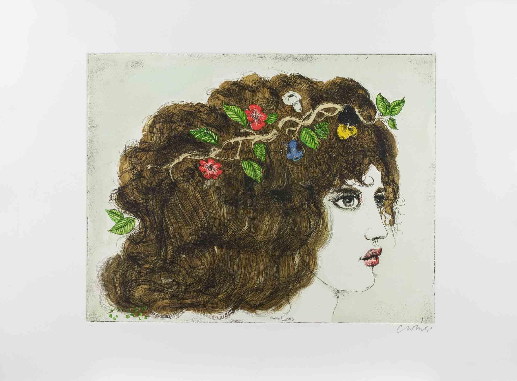 Portrait with Flowers - Etching by Bruno Caruso - 1980s