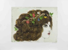 Porträt mit Blumen - Radierung von Bruno Caruso - 1980er Jahre