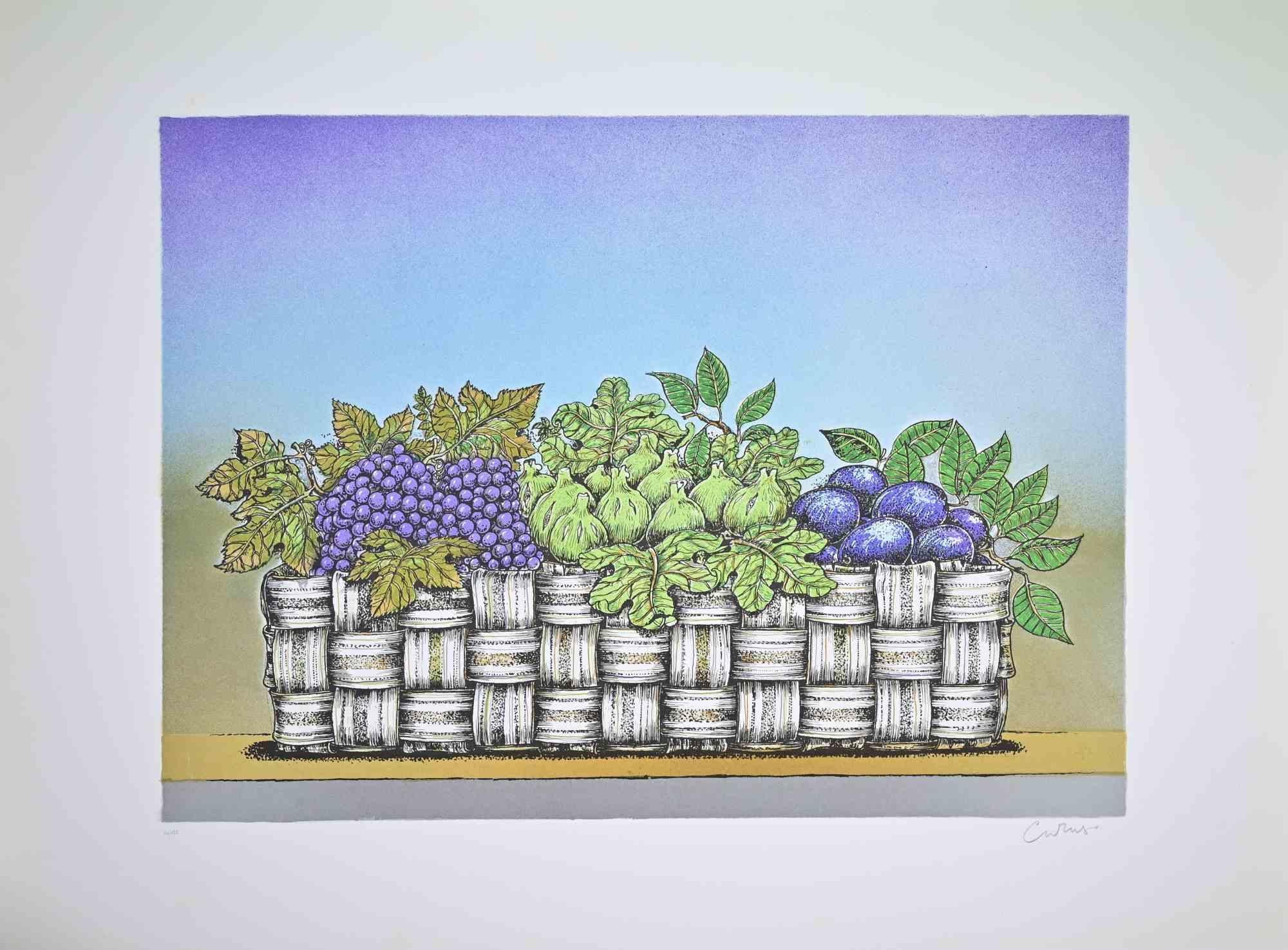 Still Life with Basket of Fruit - Lithograph by Bruno Caruso - 1980s