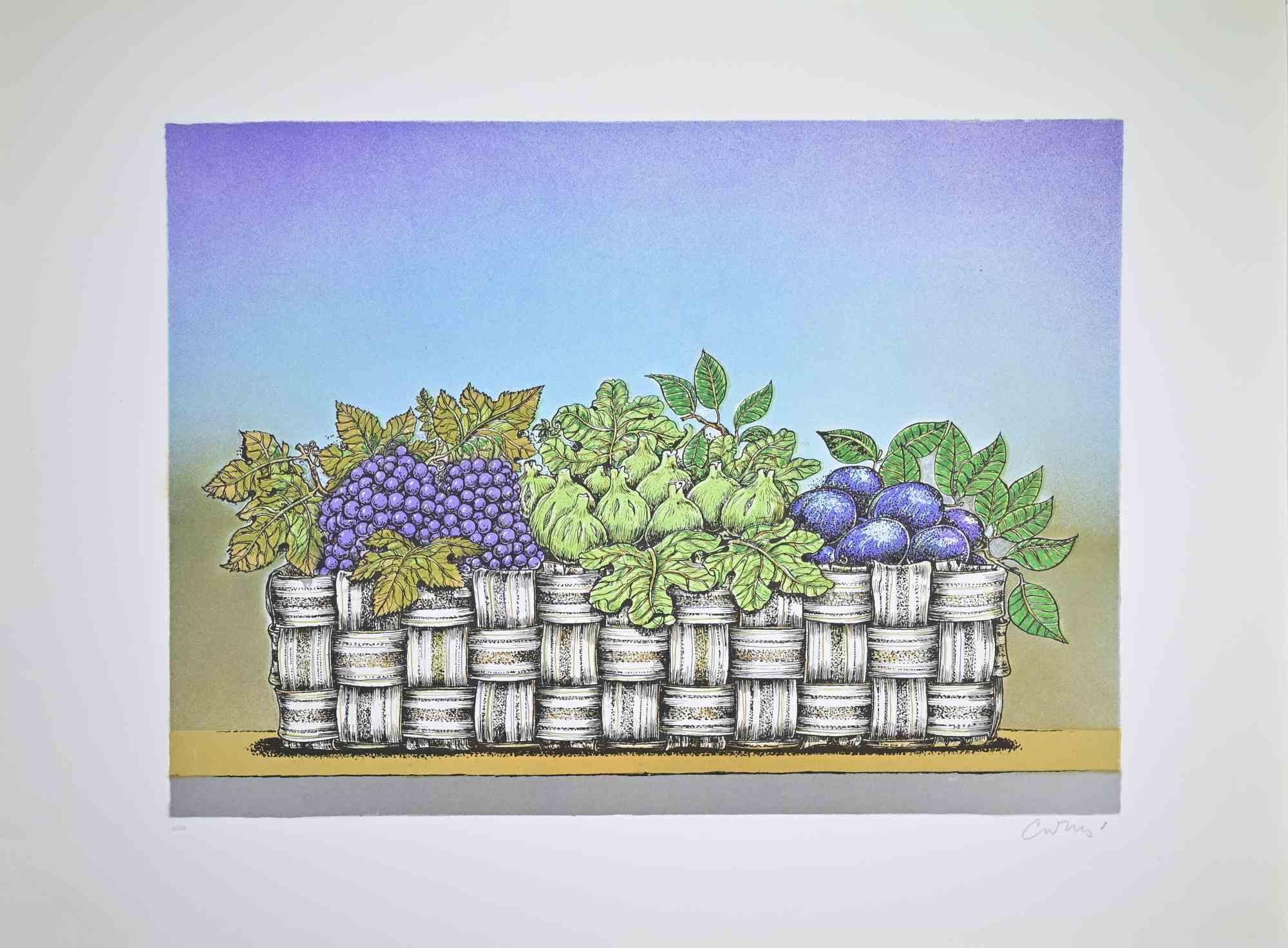 Still Life with Basket of Fruit - Lithograph by Bruno Caruso - 1980s