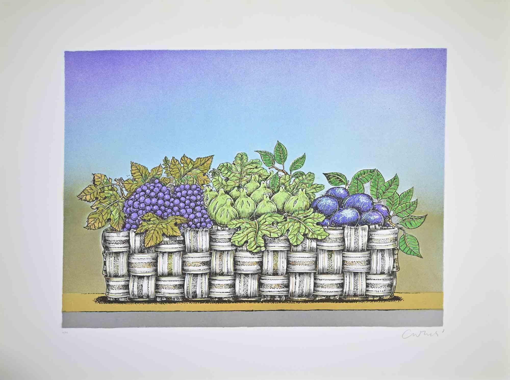 Still Life with Basket of Fruit - Lithograph by Bruno Caruso - 1980s