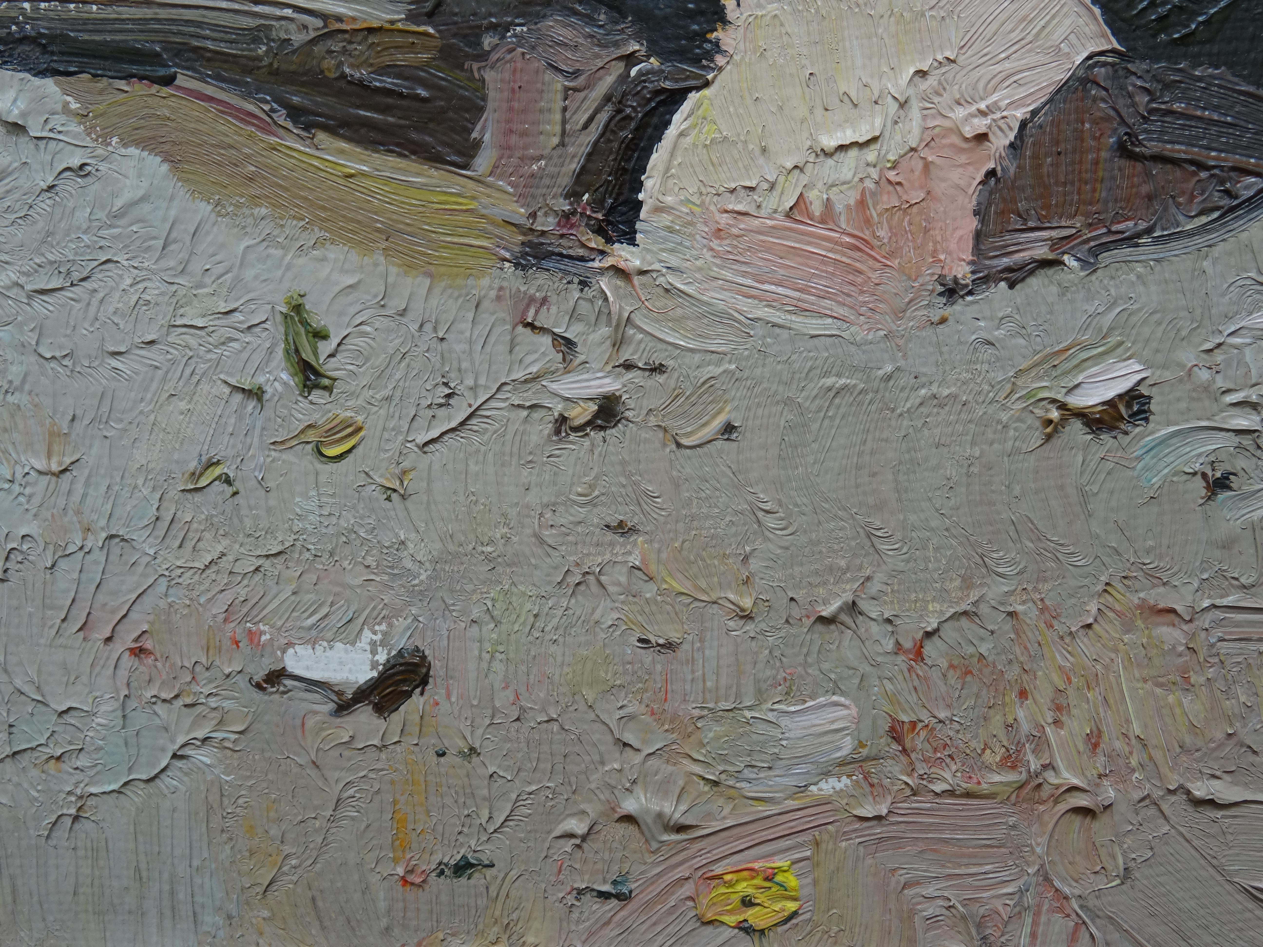 Die Fußbrücke ist abgestuft. Leinwand, Öl, 42,5x50 cm (Grau), Landscape Painting, von Bruno Celmins