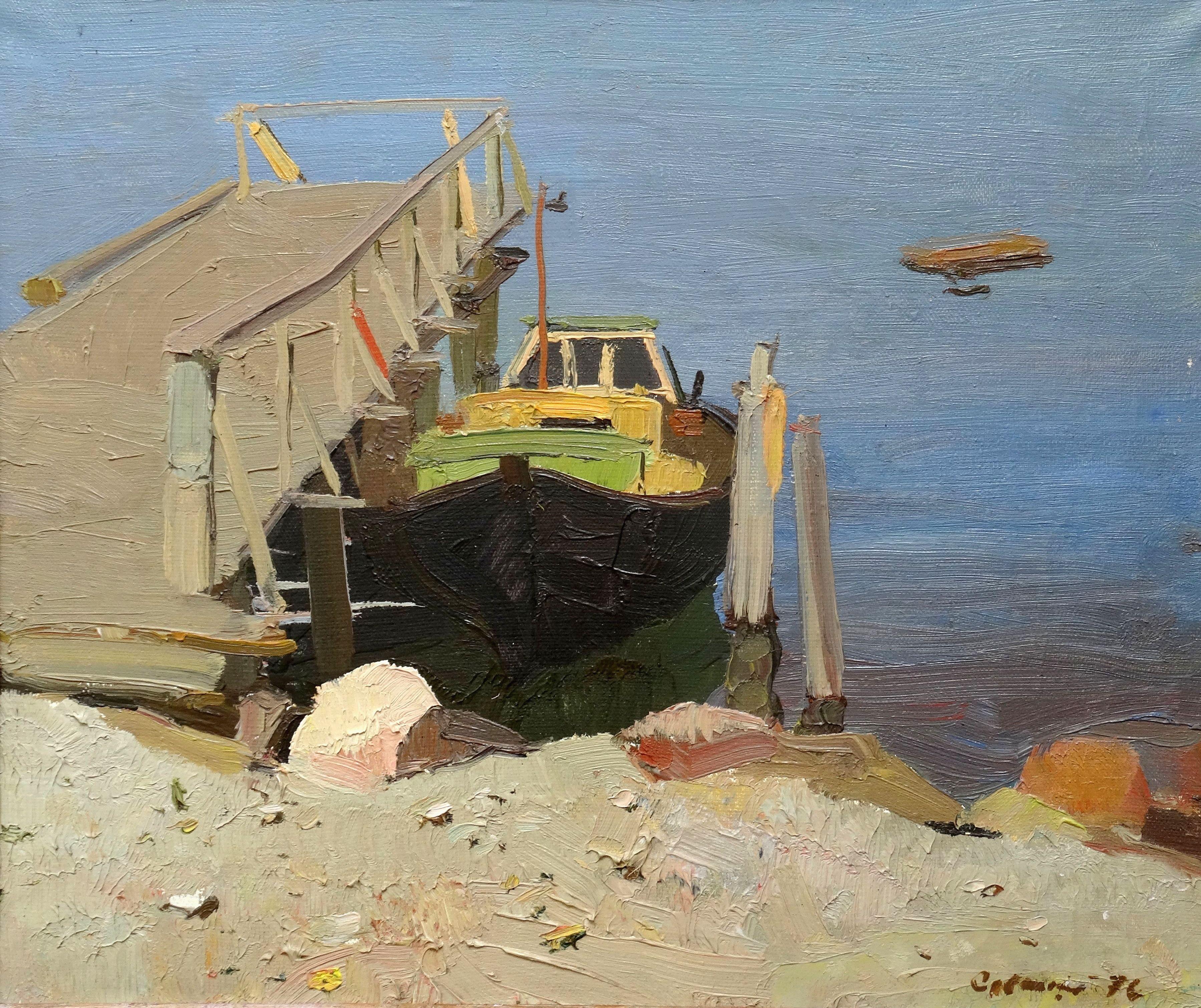 Bruno Celmins Landscape Painting – Die Fußbrücke ist abgestuft. Leinwand, Öl, 42,5x50 cm