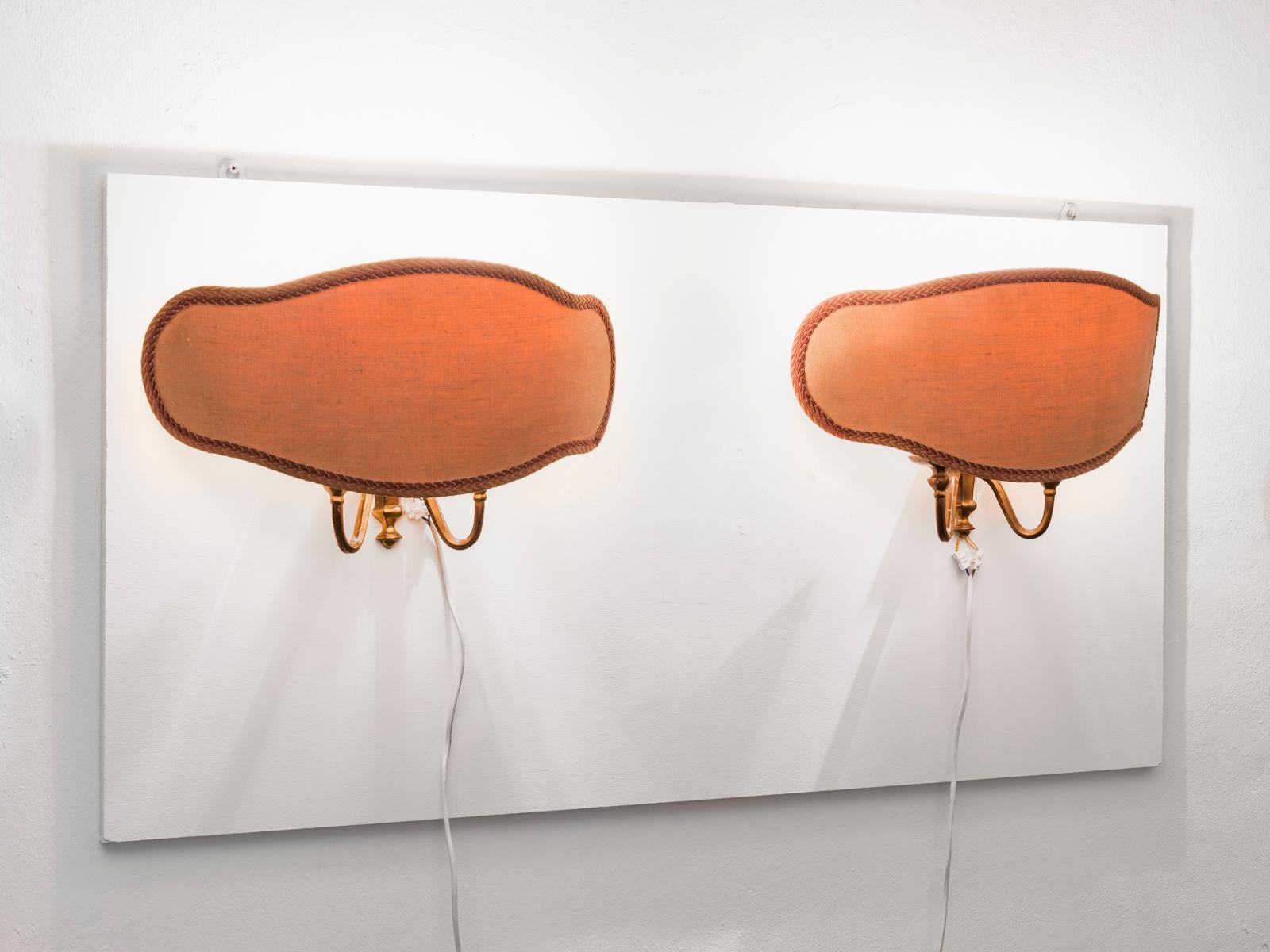 Italian Bruno Chiarini Pair of Large Mid-Century Brass and Parchment Wall Sconces, 1950s For Sale
