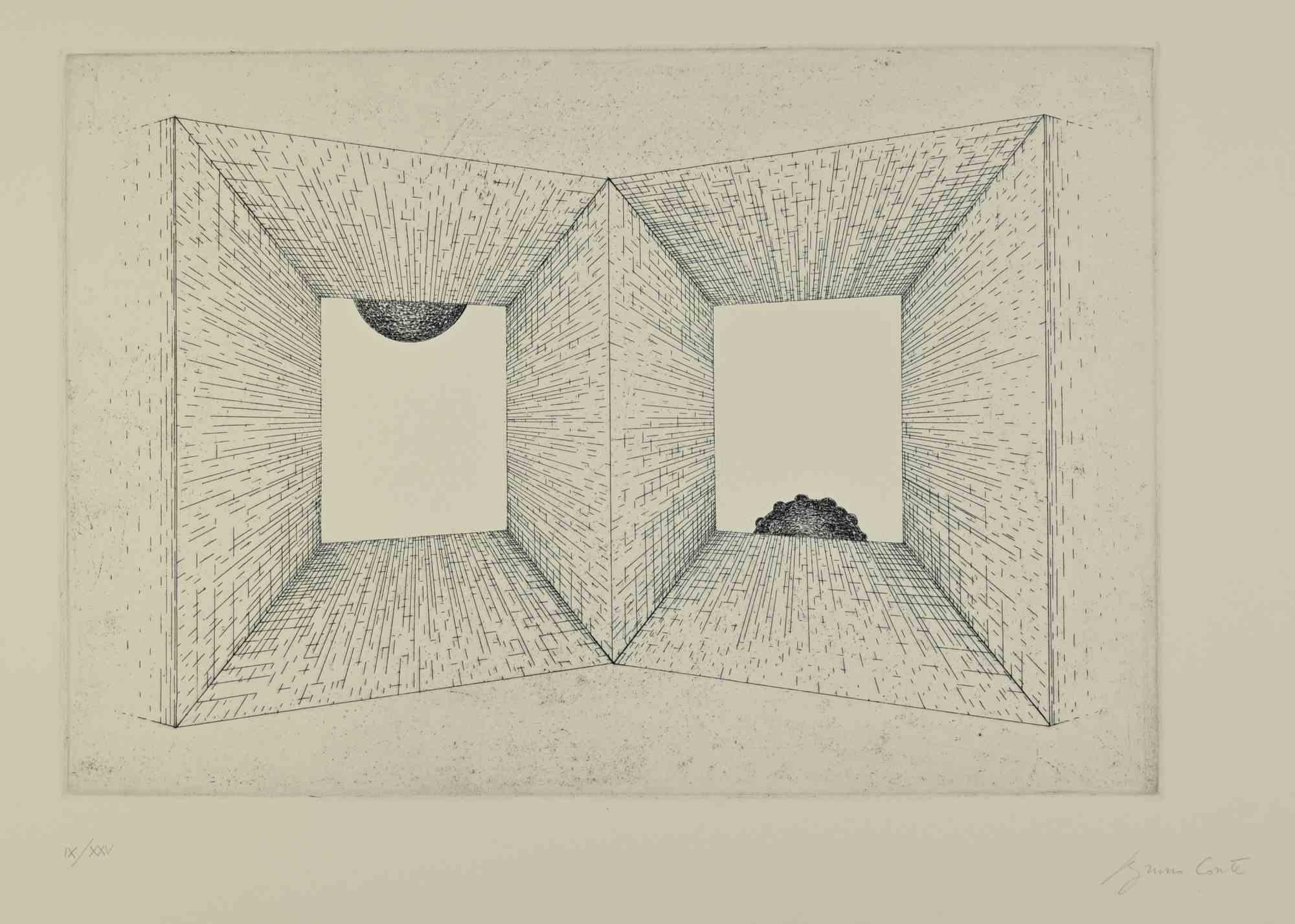 Perspective is an etching print on paper realized by Bruno Conte (1939-2021) in 1980.

Good condition.

Hand-signed and numbered in Roman number IX/XXV.